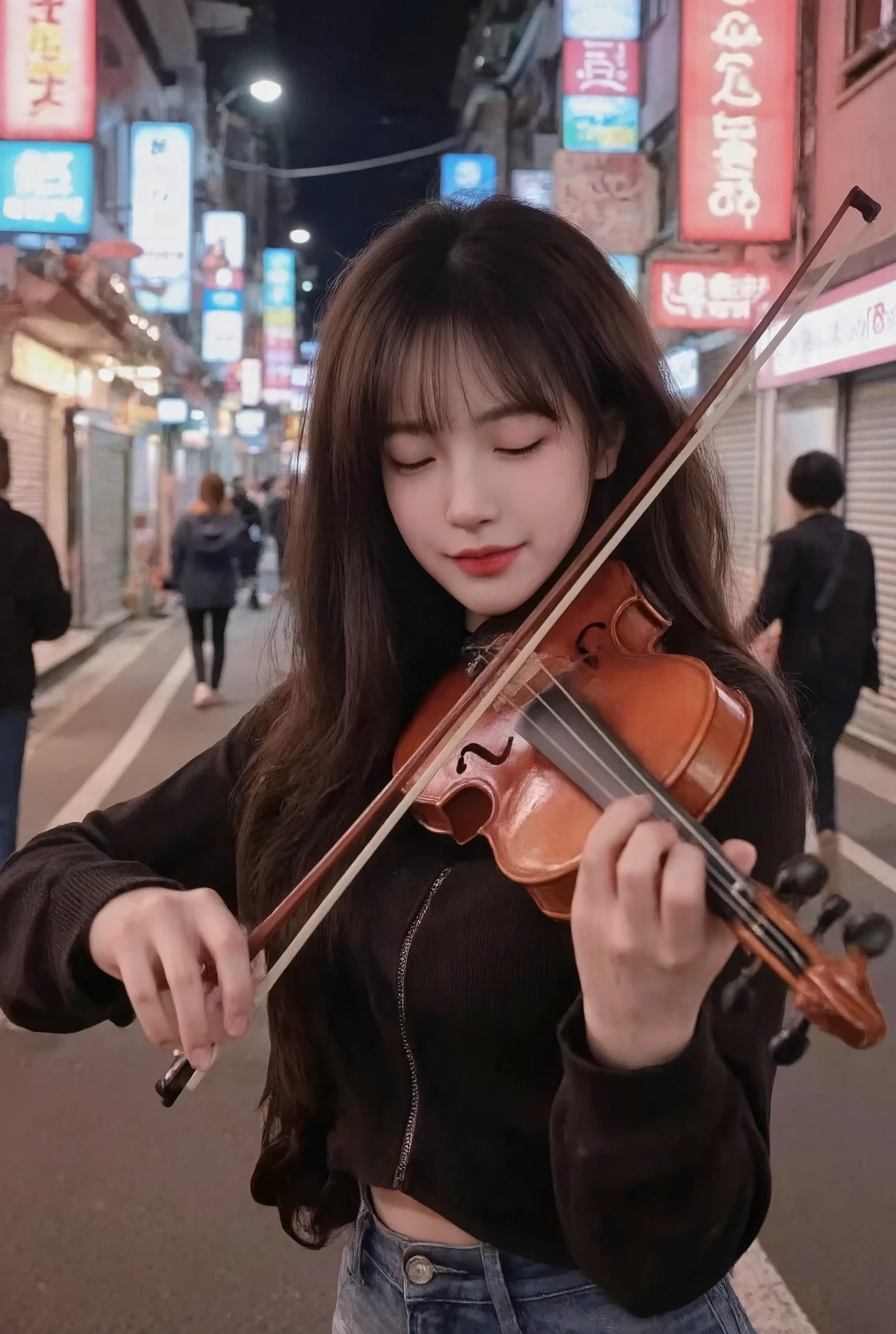 detailed hands
prompt:,
- description: "(masterpiece, 4K, 8k, high resolution, ultra-detailed:1.2),(realistic, photorealistic, photo-realistic:1.37),A young and cute woman playing the violin dynamically on an urban street at night,with vibrant neon lights in the background. She appears immersed in the music,fully enjoying it from her heart. Her eyes are gently closed,with a soft smile on her lips,as she lets herself flow with the music. Her hair moves naturally,with a soft glow,and her hands are positioned accurately,with fingers precisely placed on the strings and bow. The background shows a lively cityscape with neon lights,softly blurred to add depth and convey the urban atmosphere. Neon lights softly reflect off her skin and instrument,enhancing her serene smile and peaceful expression.",
- style: "Photorealistic,ultra-detailed,night scene",
- details:,
- "Full or upper body visible,taking a dynamic performance pose on an urban street at night",
- "Accurate details of hands and fingers",
- "Powerful posture,firmly holding the violin and moving the bow dynamically",
- "Gently closed eyes and a soft smile,fully immersed in the music",
- "Hair moving naturally with a soft shine",
- "High-resolution details capturing skin,hair,gently closed eyes,and soft smile",
- "Lively neon cityscape in the background,with a soft blur",
- attire: "Casual,stylish attire suitable for an urban night scene",
- facial_expression: "Enjoying the music wholeheartedly, eyes gently closed,with a soft smile on her lips",
- lighting: "Natural reflections from neon lights on her face,hair,and instrument",
- color_tone: "Vibrant neon tones with realistic balance",
- model_pose: "Dynamic,energetic pose as she holds the violin and performs with movement",