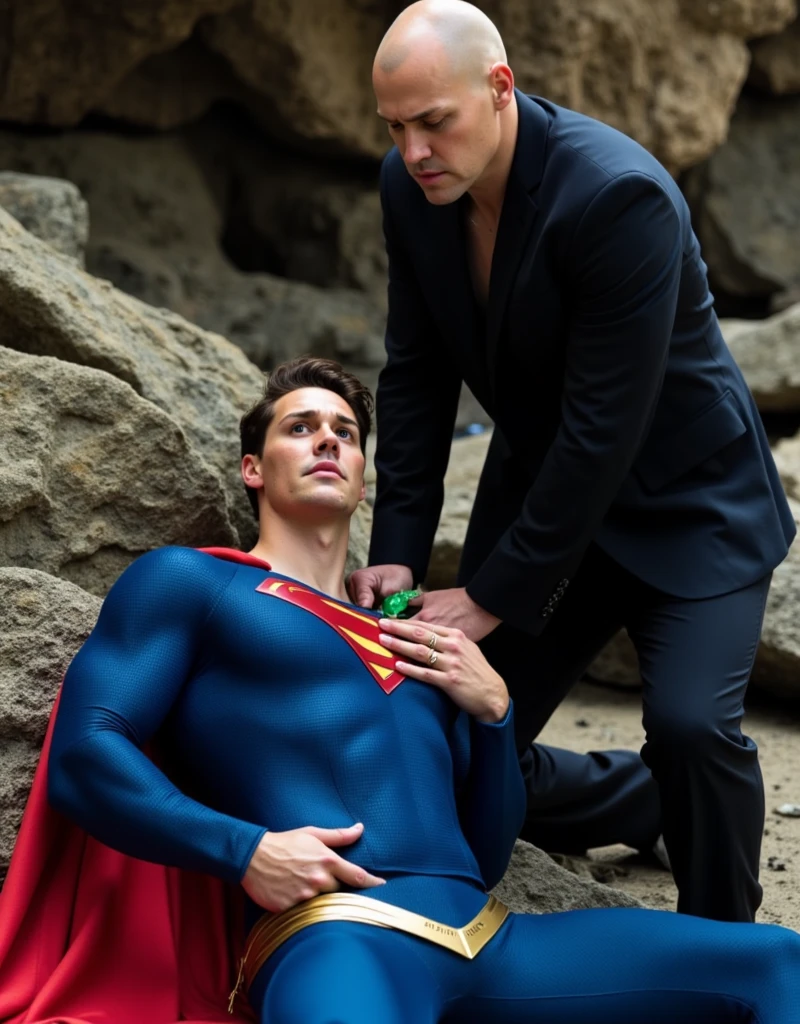 muscular attractive Noah Beck, with an undercut haircut combed back, short beard, wearing blue, form-fitting Superman suit with gold accents in the waistband, his chest displays the iconic "S" symbol. Superman's traditional red cape is present, attached to the shoulder and flowing behind him, lies on a rocky floor leaning against a rock, sore, with his mouth slightly open, he appears weak and in pain. Expression of pain, with blood on his face. Standing next to Superman is a bald man, dressed in a dark suit, The bald man holds a bright green crystal in his hand near Superman's chest
