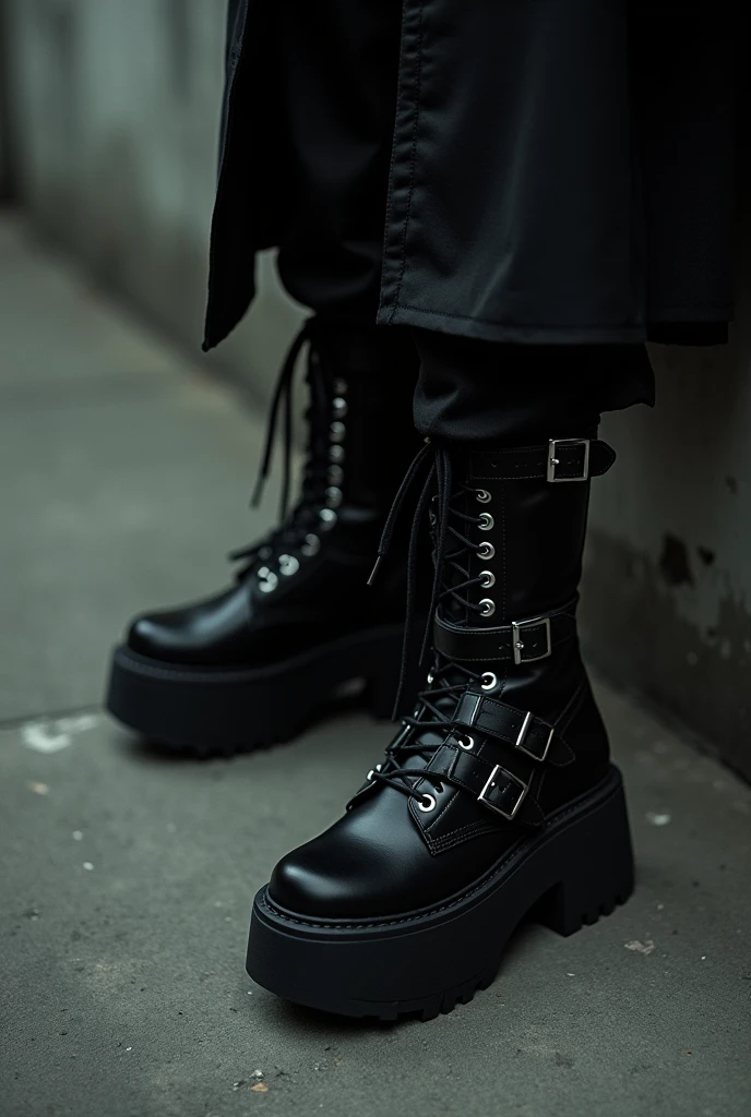 there is a woman wearing black botas and a harness, heavy botas, killer botas, platform botas, massive botas, high botas, wearing tall combat botas, sapatos rave heavy metal, plataformas, punk gothic clothes, cybergothic, gothic aesthetic, estilo punk, hyper - goth, botas, Gothic style, gothic mall, roupas punk rock, darkwave gothic aesthetic