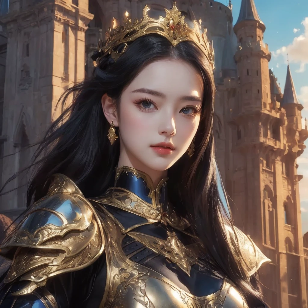 a woman in armor and a crown stands in front of a castle, a beautiful fantasy empress,