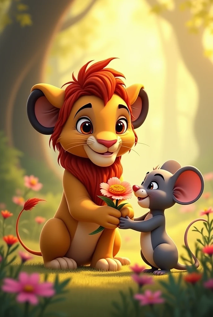 A small mouse runs around and accidentally steps on the lion's paw. The lion is sleeping and the mouse accidentally steped on lions paw
Show as cartoons