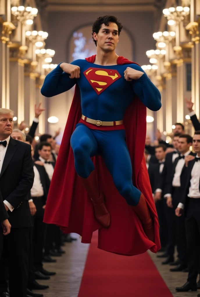 This is the wedding of Superman in St. Peter's Basilica.Trump President of the United States wearing Tuxedo, Superman lift Trump in a princess way and fly on the church with Trump. Superman look Trump with love.Superman,a 30-year-old Tyler Hoechlin face, attractive, class blue Superman suit with muscle, (black undercut, blue tights and red cape and red boots and red briefs：0.8),16k,UHD, dslr, insane details, award-winning photo,HD.gay
background is St. Peter's Basilica packed with people celebrating Superman’s wedding. Now filled with fireworks to celebrate their wedding.