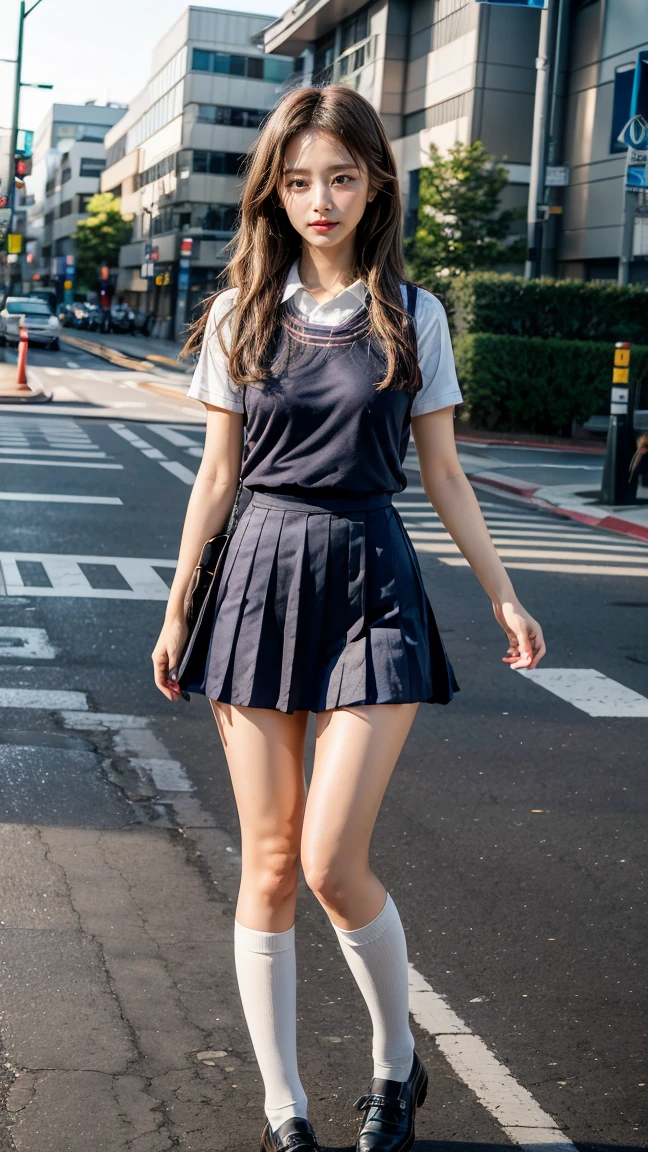 a beautiful 18 year old Japanese high school girl with perfect anatomy, healthy thighs, beautiful legs, beautiful skin, random hair color and style, large breasts, (wearing a Japanese schoolgirl uniform:1.3), (she is standing:1.2), penny loafers, holding a student bag, full body shot, standing on a city street, (best quality,4k,8k,highres,masterpiece:1.3),(extremely detailed:1.2), photorealistic, ultra-detailed, vivid colors, studio lighting, professional