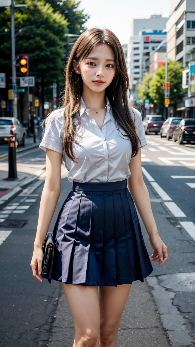 a beautiful 18 year old Japanese high school girl with perfect anatomy, healthy thighs, beautiful legs, beautiful skin, random hair color and style, large breasts, (wearing a Japanese schoolgirl uniform:1.3), (she is standing:1.2), penny loafers, holding a student bag, full body shot, standing on a city street, (best quality,4k,8k,highres,masterpiece:1.3),(extremely detailed:1.2), photorealistic, ultra-detailed, vivid colors, studio lighting, professional