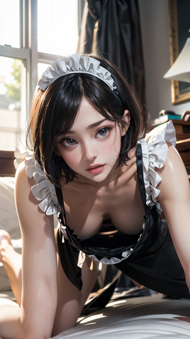 photorealistic, highly detailed, ray traced, rendered, Masterpiece, extremely detailed, young pretty woman, black hair, green eyes, maid dress, fishnet tights, bare breasts, dark nipple, small breasts, sexual suggestive, breasts hugging, sitting on sofa