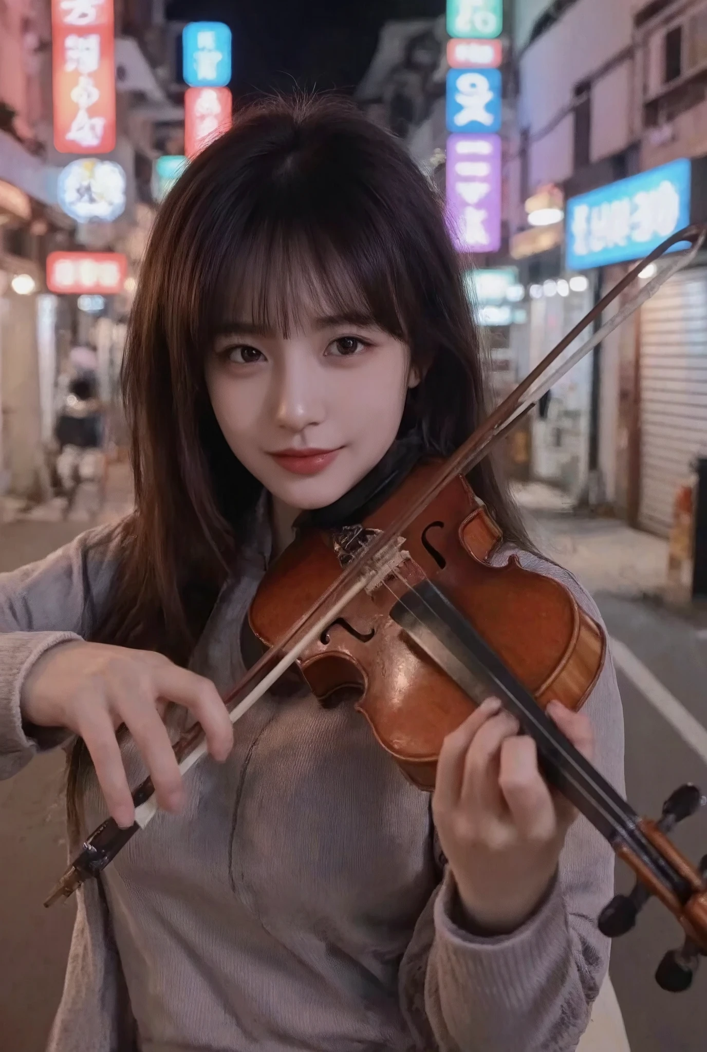 detailed hands
prompt:,
- description: "(masterpiece, 4K, 8k, high resolution, ultra-detailed:1.2),(realistic, photorealistic, photo-realistic:1.37),A young and cute woman playing the violin dynamically on an urban street at night,with vibrant neon lights in the background. She appears immersed in the music,fully enjoying it from her heart. Her eyes are gently closed,with a soft smile on her lips,as she lets herself flow with the music. Her hair moves naturally,with a soft glow,and her hands are positioned accurately,with fingers precisely placed on the strings and bow. The background shows a lively cityscape with neon lights,softly blurred to add depth and convey the urban atmosphere. Neon lights softly reflect off her skin and instrument,enhancing her serene smile and peaceful expression.",
- style: "Photorealistic,ultra-detailed,night scene",
- details:,
- "Full or upper body visible,taking a dynamic performance pose on an urban street at night",
- "Accurate details of hands and fingers",
- "Powerful posture,firmly holding the violin and moving the bow dynamically",
- "Gently closed eyes and a soft smile,fully immersed in the music",
- "Hair moving naturally with a soft shine",
- "High-resolution details capturing skin,hair,gently closed eyes,and soft smile",
- "Lively neon cityscape in the background,with a soft blur",
- attire: "Casual,stylish attire suitable for an urban night scene",
- facial_expression: "Enjoying the music wholeheartedly, eyes gently closed,with a soft smile on her lips",
- lighting: "Natural reflections from neon lights on her face,hair,and instrument",
- color_tone: "Vibrant neon tones with realistic balance",
- model_pose: "Dynamic,energetic pose as she holds the violin and performs with movement",