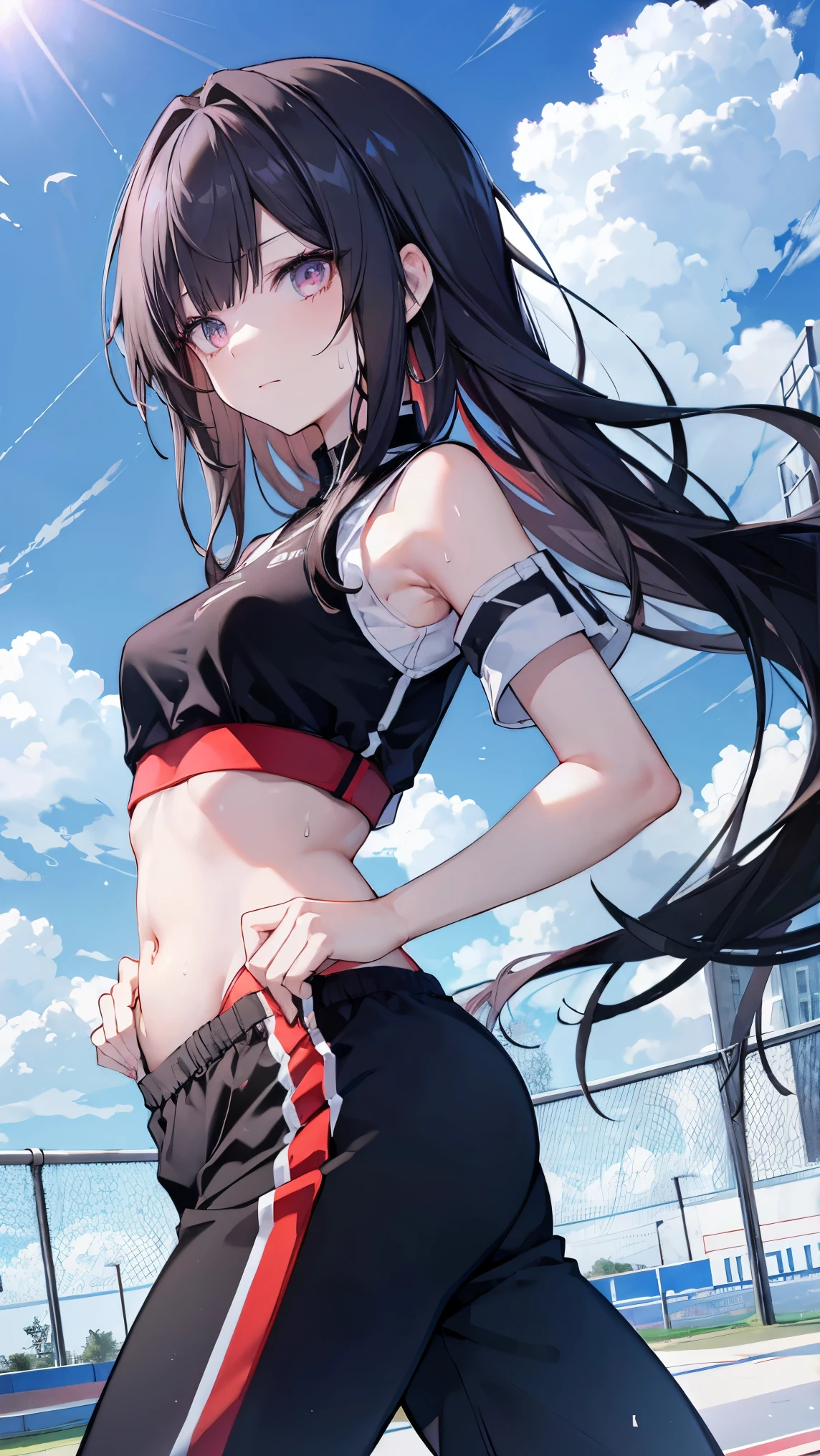 best quality 、 black hair、(Whitening skin)、Red colored eyes,Petite、 slender, sports bra,Sports pants,,belly button, small breasts, slender, sweaty, Running,blue sky