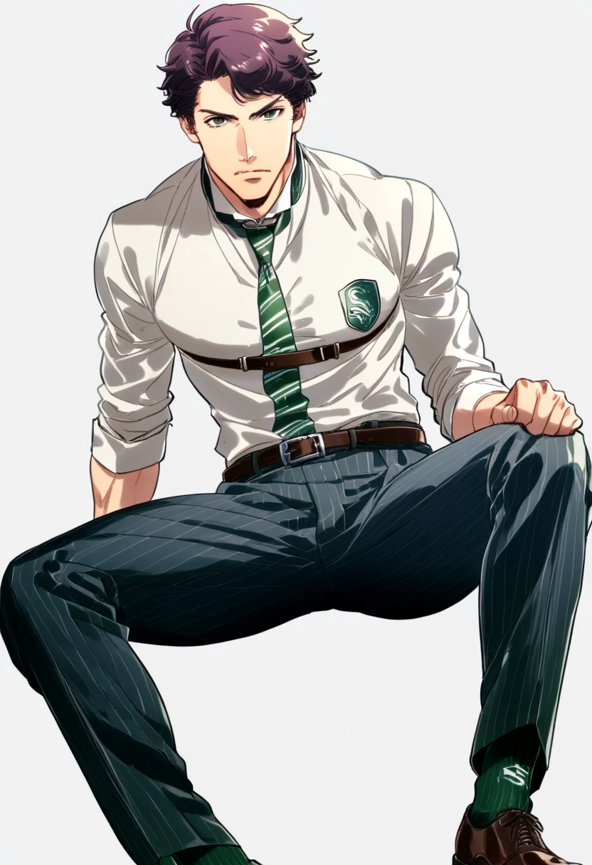 male focus, muscled male, solo, ikemen, mature, male only, tough man, bold, eyes fix, flat chest, sturdy waist, 50 years old, split toe crocodile blucher shoes, collared shirt, tie, three piece suit, belt, slacks, tight clothes, whole body, sitting, invisible chair,  looking at viewer, (white background, simple background:1.5), masterpiece, best quality, mta, showing his socked foot, long tube calf black fancy socks, dominating male pose:2, muscle, long shot, green color socks, Sebastian Sallow:2 from Hogwarts Legacy, slytherin student Sebastian Sallow