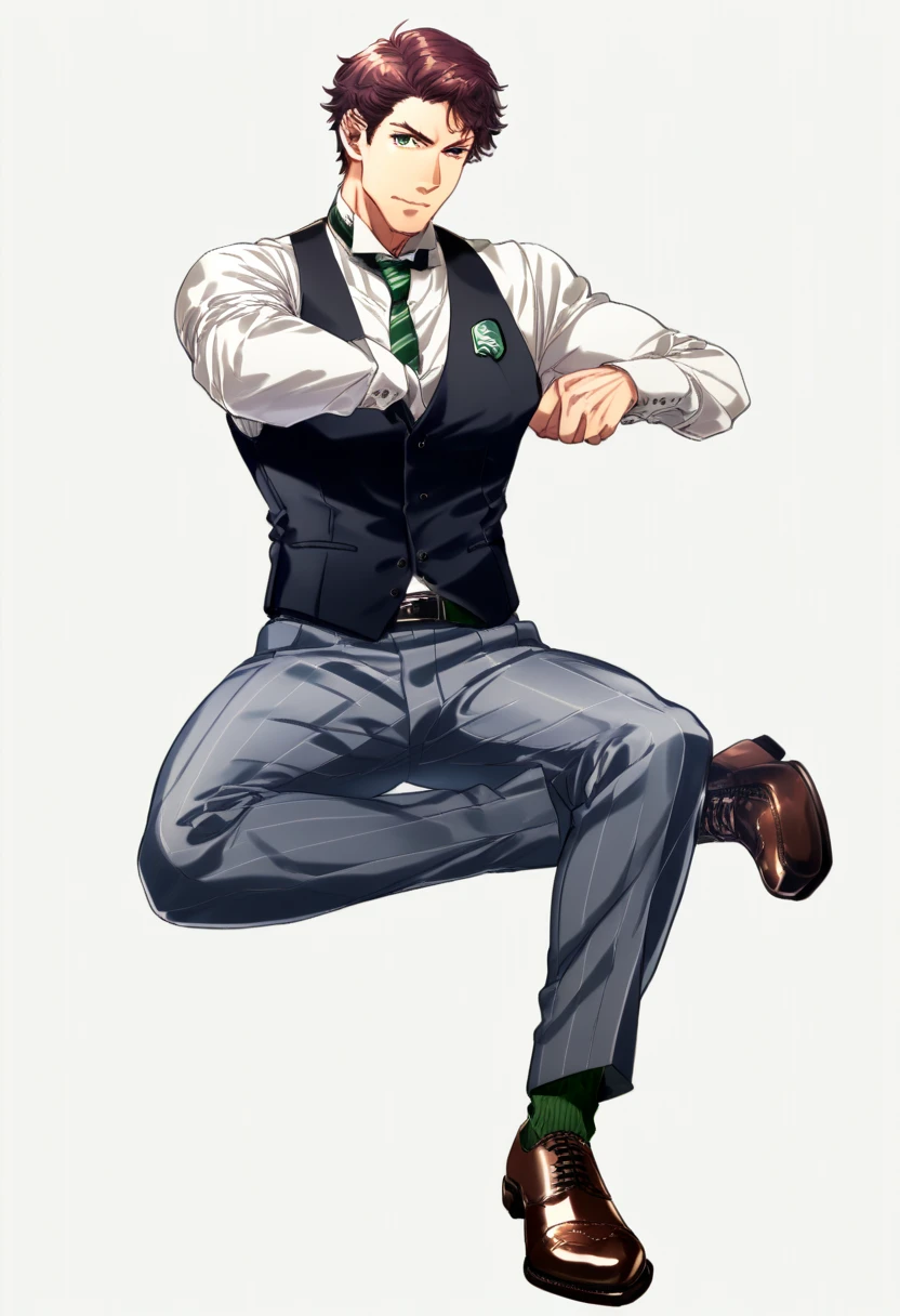 male focus, muscled male, solo, ikemen, mature, male only, tough man, bold, eyes fix, flat chest, sturdy waist, 50 years old, split toe crocodile blucher shoes, collared shirt, tie, three piece suit, belt, slacks, tight clothes, whole body, sitting, invisible chair,  looking at viewer, (white background, simple background:1.5), masterpiece, best quality, mta, showing his socked foot, long tube calf black fancy socks, dominating male pose:2, muscle, long shot, green color socks, Sebastian Sallow:2 from Hogwarts Legacy, slytherin student Sebastian Sallow