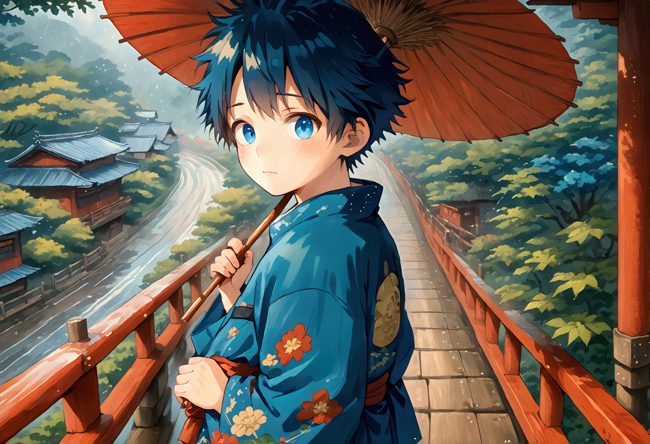 Long hair bright blue eyes  anime boy in blue kimono，Funny Japanese architecture standing on an ancient red Japanese wooden bridge holding a wooden umbrella against the camera on a rainy day