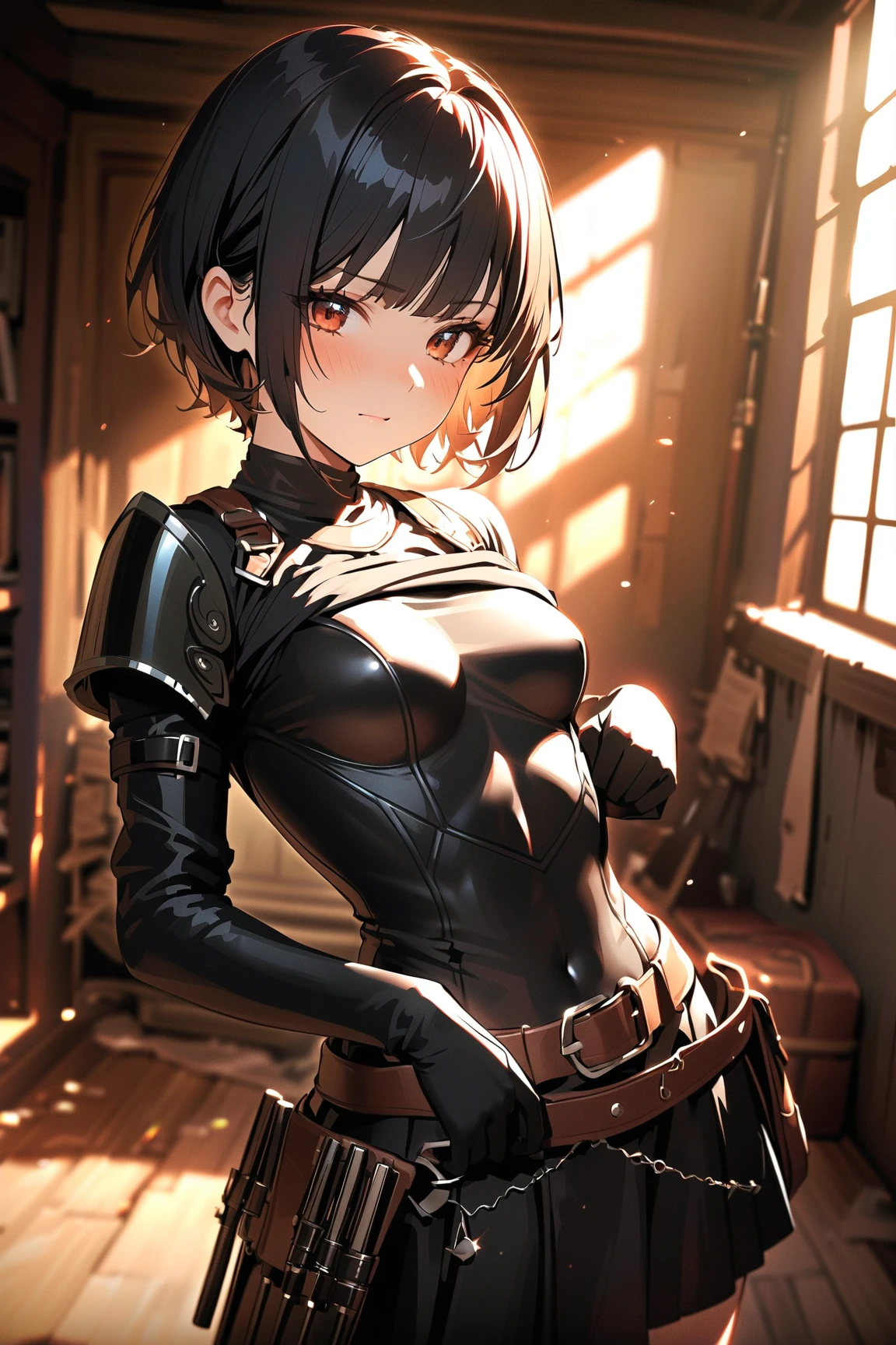 (((table top))), (Persona5),(((Makoto Niijima:1.4))),とても美しいwoman, short hair, Idol, 日本のwoman,(shaggy cut:1.4),(braided headband:1.5),(cowboy shot:1.4),(smile:1.5),(View from below:1.4), (short hair:1.4),(swept bangs,flipped hair:1.3),日本woman, wet beautiful skin,japan style, photo portrait, 美しい暗い茶髪のgirl, ((white skin:1.4)),(looking at me),master work,(black combat uniform:1.5), body suit,(black fin de siècle armor,with black sleeves:1.4),(red eyes:1.4),best image quality, high quality, high detail, Super high resolution, 8K resolution, Depth of bounds written, Cinematography, intricate details, elaborate, methodical, grow, maximum details, extreme beauty, (((1人のgirl, alone))), 24-years-old, realistic, table top, (best image quality), high quality, high detail, Super high resolution, panorama, exquisite features, perfect face, glowing skin, woman, girl, Angelic, sharp and clear focus, (small eyes),3D silhouette, correct ratio, realistic portrait, close up of face, slender body shape,kind face, exquisite features, very detailed hair description, perfect face, 清潔でperfect face, long eyelashes, Moist eyes、transparent, delicate cream glowing skin like skin, detailed skin details, (big breastsと髪を持つ美しいgirl),(lips slightly apart,), Dream-like atmosphere with bright colors and soft lighting,1人のgirl, big breasts,(smile:1.5),