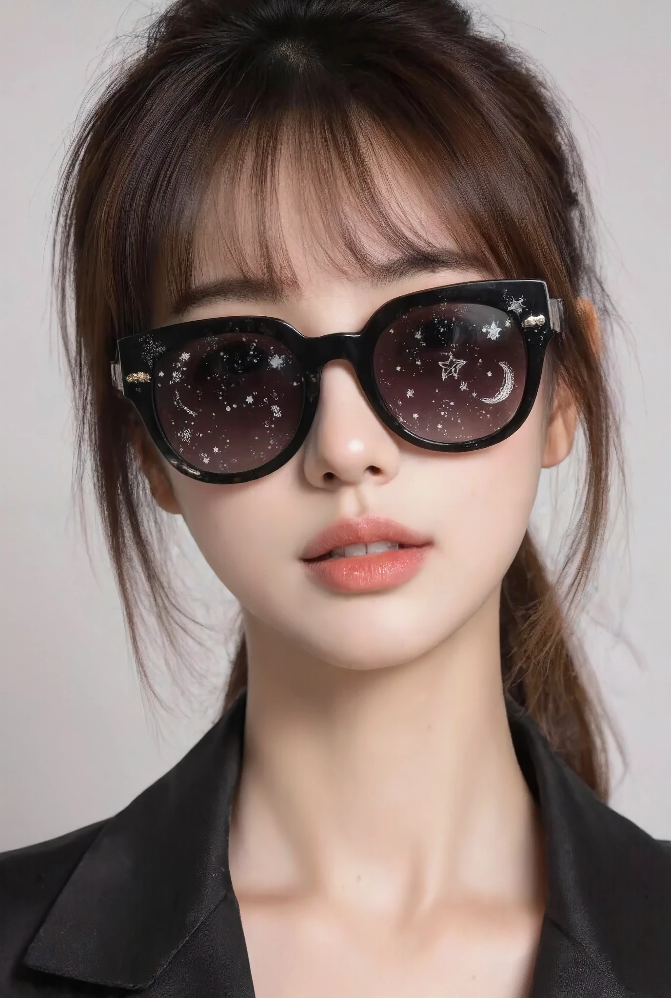 The model is wearing glass sunglasses with stars and the moon on the glass