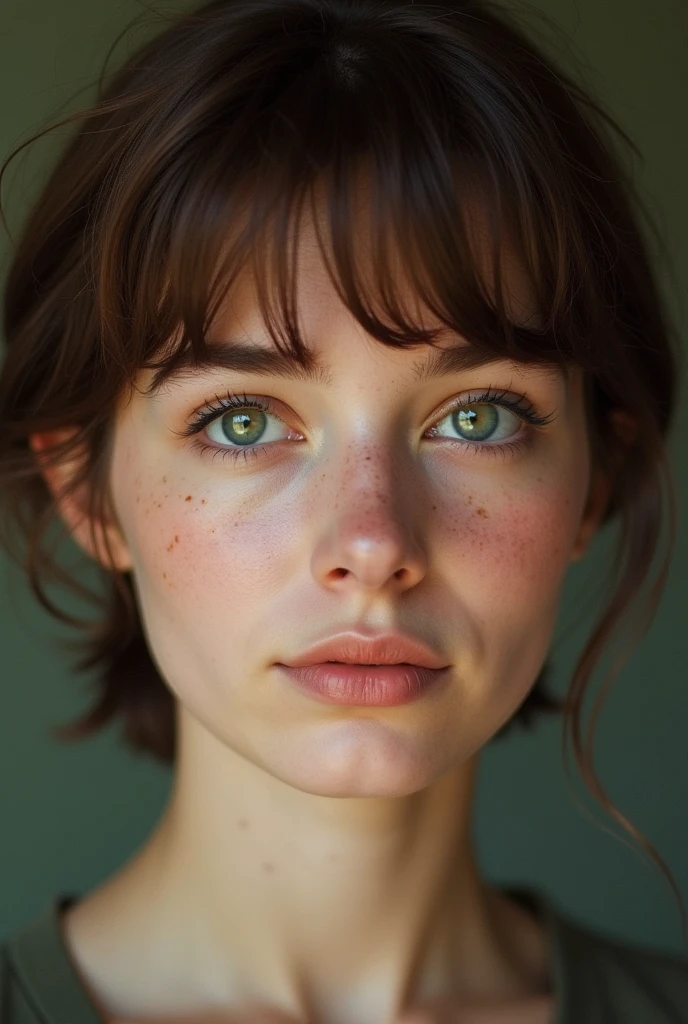 a young woman with Short hair hair and green eyes, a Caucasian skin, small nose and lips with big eyes, with some freckles on her nose and cheeks.