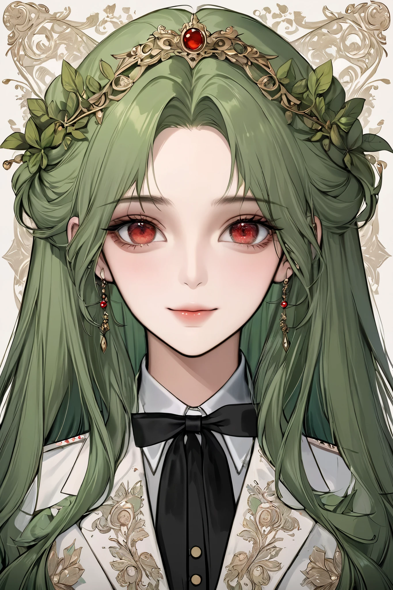 (extreamly delicate and beautiful:1.2), 8K,(masterpiece:1.0),(best_quality:1.0), 1 girl, and intricate detailing, Enlarged textures, and intricate detailing, finely eye and detailed face, and intricate detailing, green long hair, beautiful hairstyle, (sweet smiley), Perfect eyes, Equal eyes, red eyes (A famale god) with green victorian lady dress, look at camera, green long HAIR, Red EYES, green long HAIR, red EYES, Full body, academy fantasy background, with victorian lady dress, , perfect body, Academy fantasy background, hairpin like laurel crown yunani