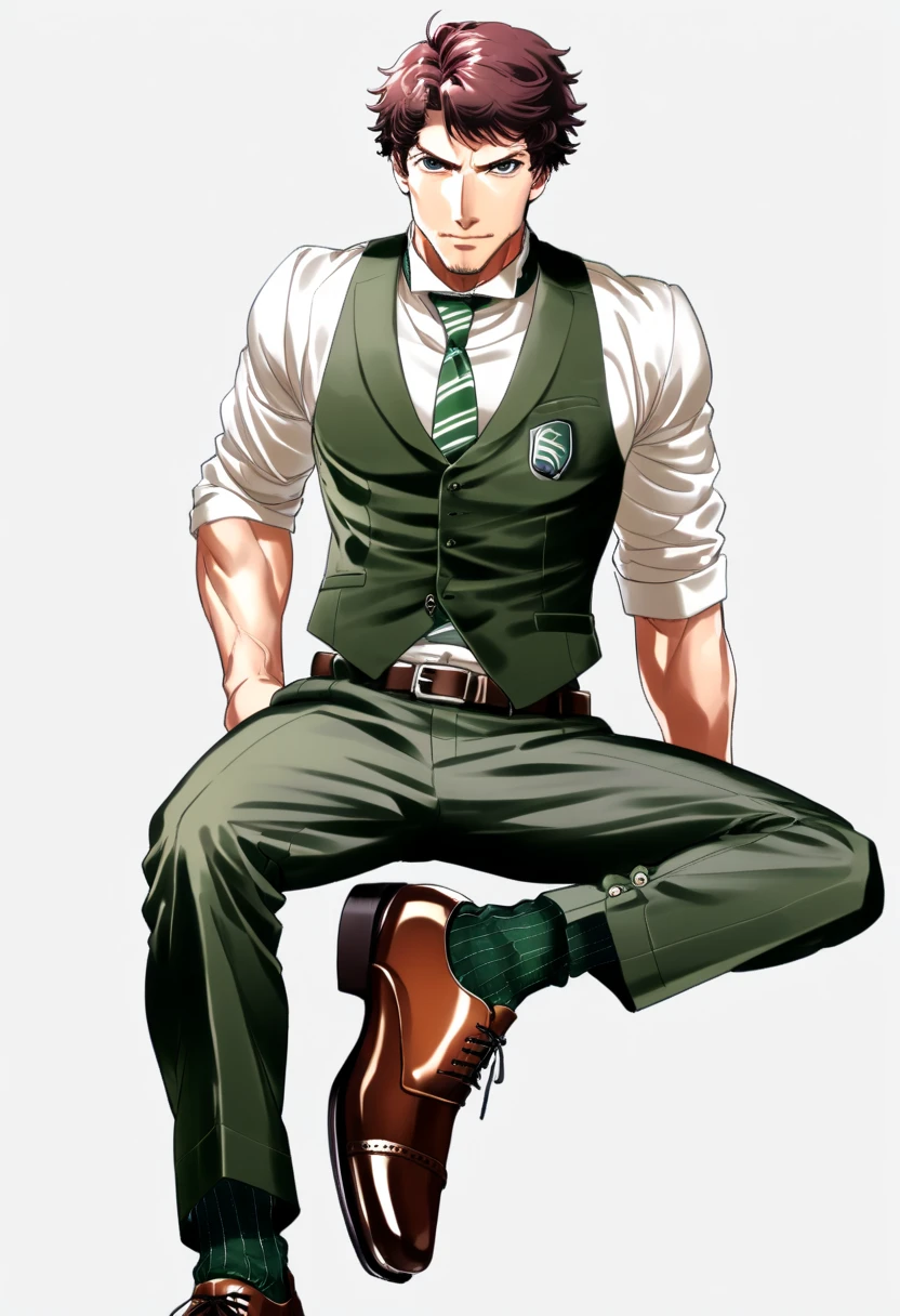 male focus, muscled male, solo, ikemen, mature, male only, tough man, bold, eyes fix, flat chest, sturdy waist, 50 years old, split toe crocodile blucher shoes, collared shirt, tie, three piece suit, belt, slacks, tight clothes, whole body, sitting, invisible chair,  looking at viewer, (white background, simple background:1.5), masterpiece, best quality, mta, showing his socked foot, long tube calf black fancy socks, dominating male pose:2, muscle, long shot, green color socks, Sebastian Sallow:2 from Hogwarts Legacy, slytherin student Sebastian Sallow