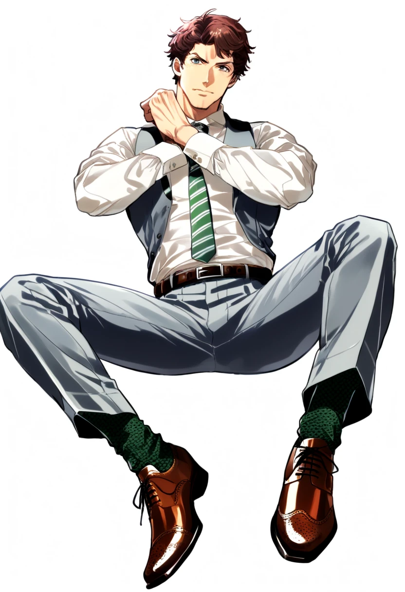 male focus, muscled male, solo, ikemen, mature, male only, tough man, bold, eyes fix, flat chest, sturdy waist, 50 years old, split toe crocodile blucher shoes, collared shirt, tie, three piece suit, belt, slacks, tight clothes, whole body, sitting, invisible chair,  looking at viewer, (white background, simple background:1.5), masterpiece, best quality, mta, showing his socked foot, long tube calf black fancy socks, dominating male pose:2, muscle, long shot, green color socks, Sebastian Sallow:2 from Hogwarts Legacy, slytherin student Sebastian Sallow