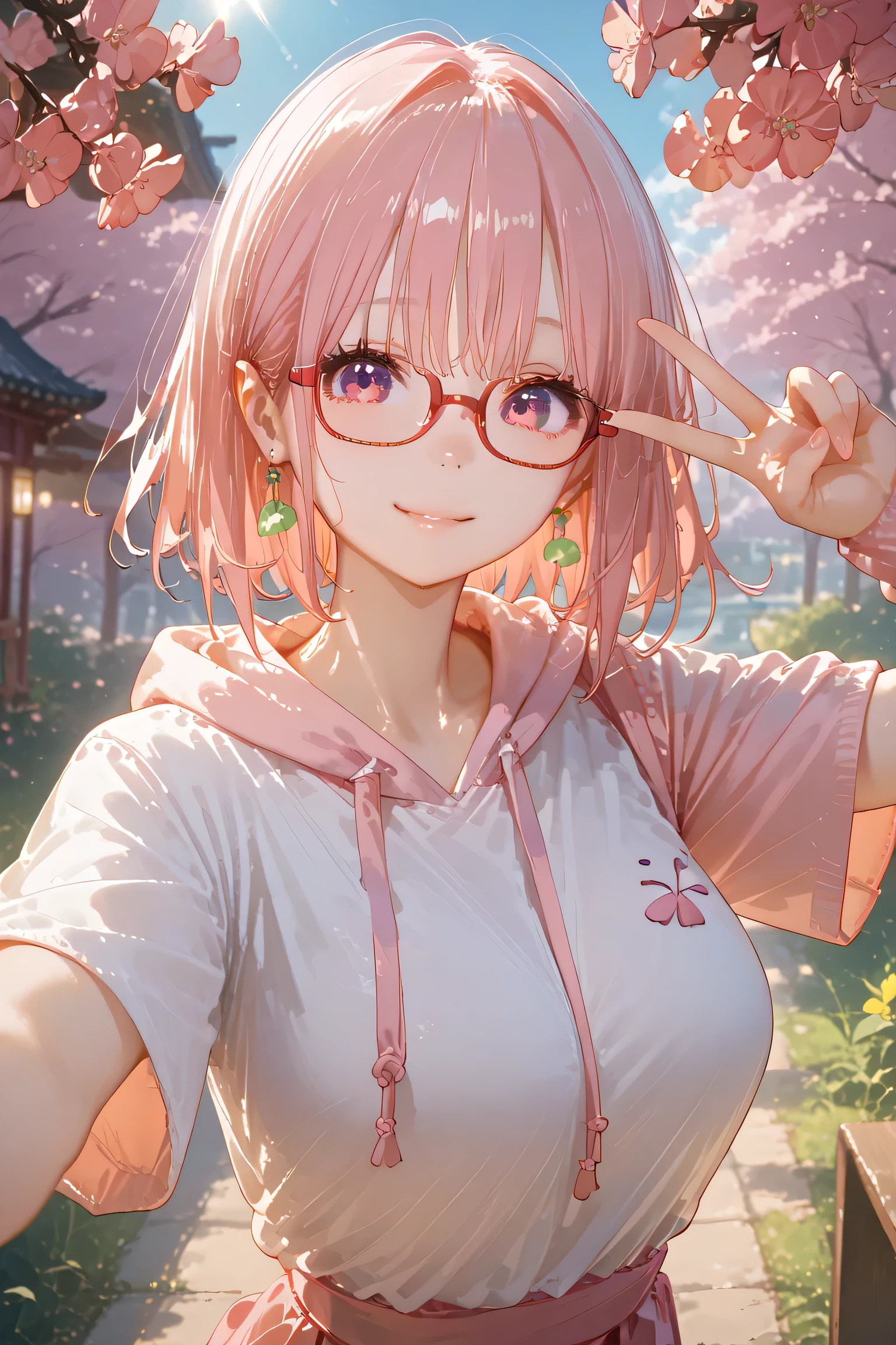 solo、One Womanの子, high school student from the side(((、7th life、 Big Breasts:0.5、 cute girl .)))One Woman ,((( cute girl)))、 short bob hair 、 rookie pink hair、  red glasses、  magenta eye 、Elf Ears:0.5,((spring、cherry blossoms、 selfie:1.5、 hoodie、 miniskirt :1.5、 sneakers、Peace sign、)),  smiles,  lens flare,  ribbon hair accessory,))