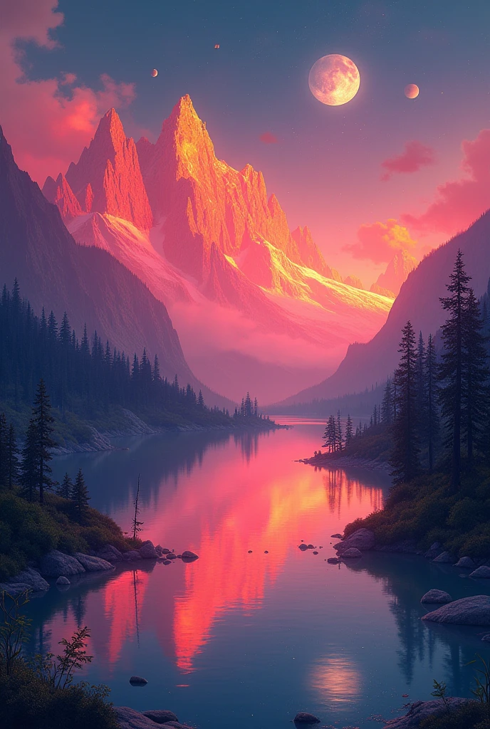 A vibrant landscape features mountains in fiery reds and oranges reflecting in a tranquil pond. Celestial bodies hover above, creating a surreal, otherworldly atmosphere.