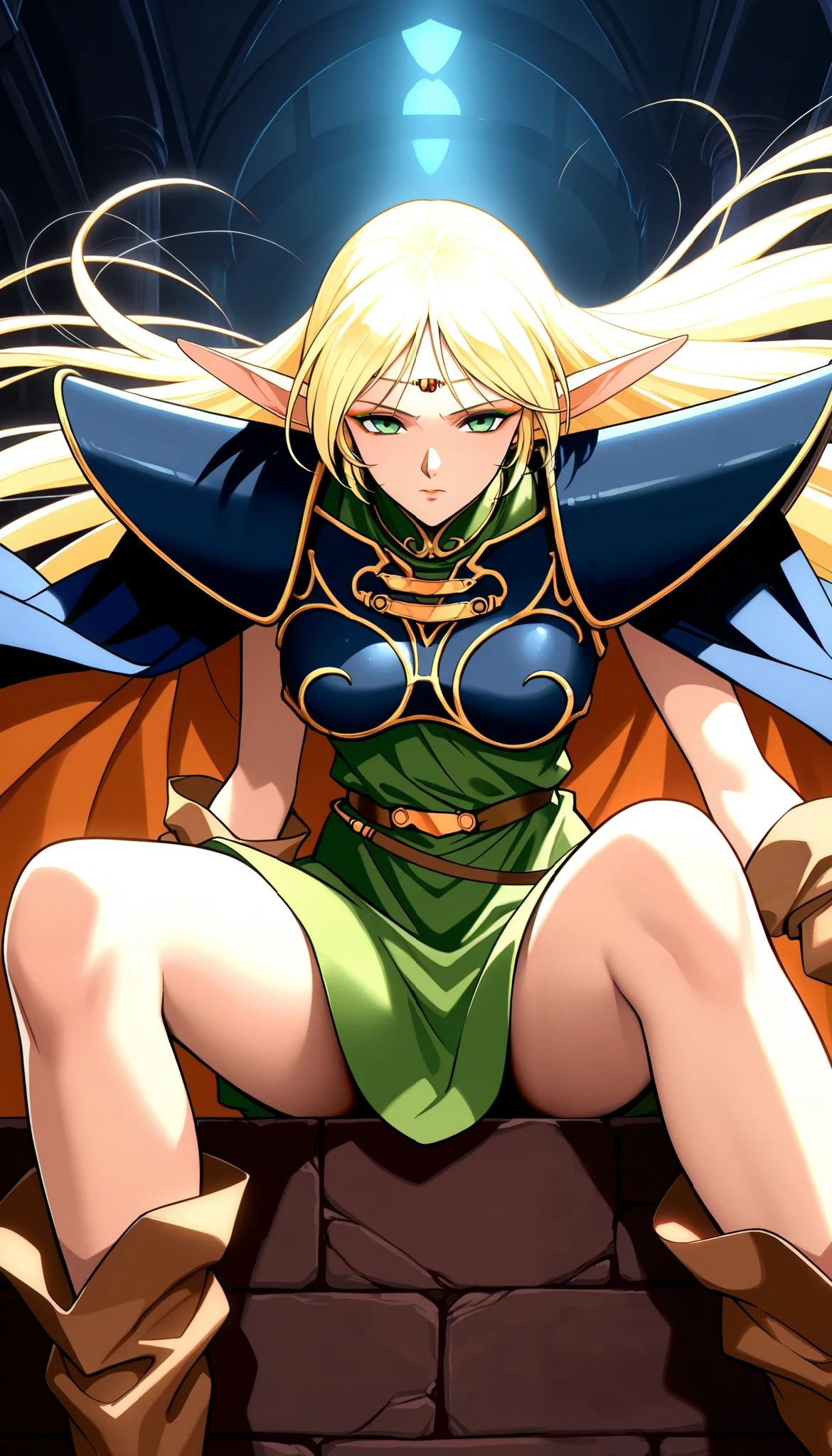 1 Female, deedlit \(Record of Lodoss War\), ((Blonde,  long hair)), green dress, circlet, sleeveless,shoulder armor,armor,breastplate,cloak,blue cloak,boots,  Eyeliner,  Upper Eye Care, Big Breasts,  Dramatic Lighting,  Dark Fantasy ,  indecent vibe,  bedroom background :2,  cinematic composition ,  anime style:1.2, Detailed CG illustration, 8k, masterpiece．