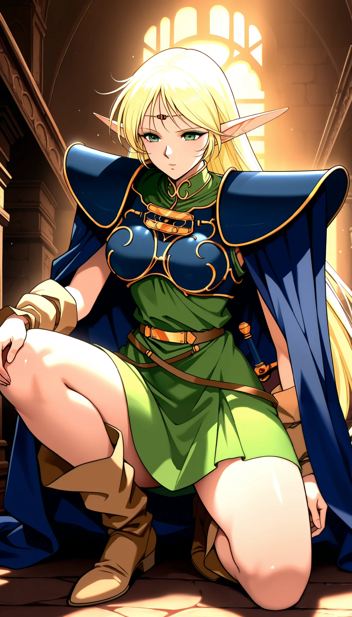 1 Female, deedlit \(Record of Lodoss War\), ((Blonde,  long hair)), green dress, circlet, sleeveless,shoulder armor,armor,breastplate,cloak,blue cloak,boots,  Eyeliner,  Upper Eye Care, Big Breasts,  Dramatic Lighting,  Dark Fantasy ,  indecent vibe,  bedroom background :2,  cinematic composition ,  anime style:1.2, Detailed CG illustration, 8k, masterpiece．