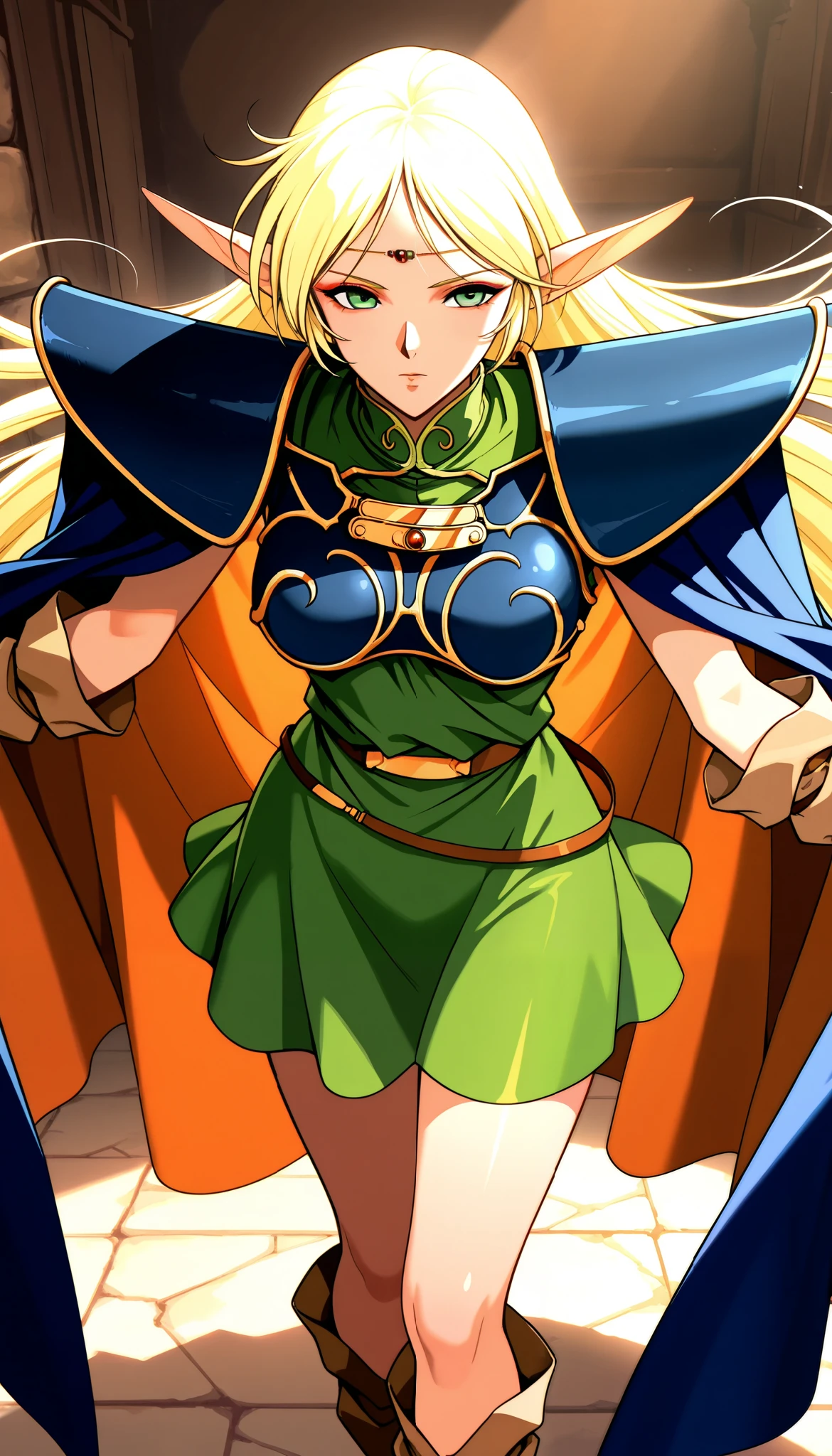 1 Female, deedlit \(Record of Lodoss War\), ((Blonde,  long hair)), green dress, circlet, sleeveless,shoulder armor,armor,breastplate,cloak,blue cloak,boots,  Eyeliner,  Upper Eye Care, Big Breasts,  Dramatic Lighting,  Dark Fantasy ,  indecent vibe,  bedroom background :2,  cinematic composition ,  anime style:1.2, Detailed CG illustration, 8k, masterpiece．