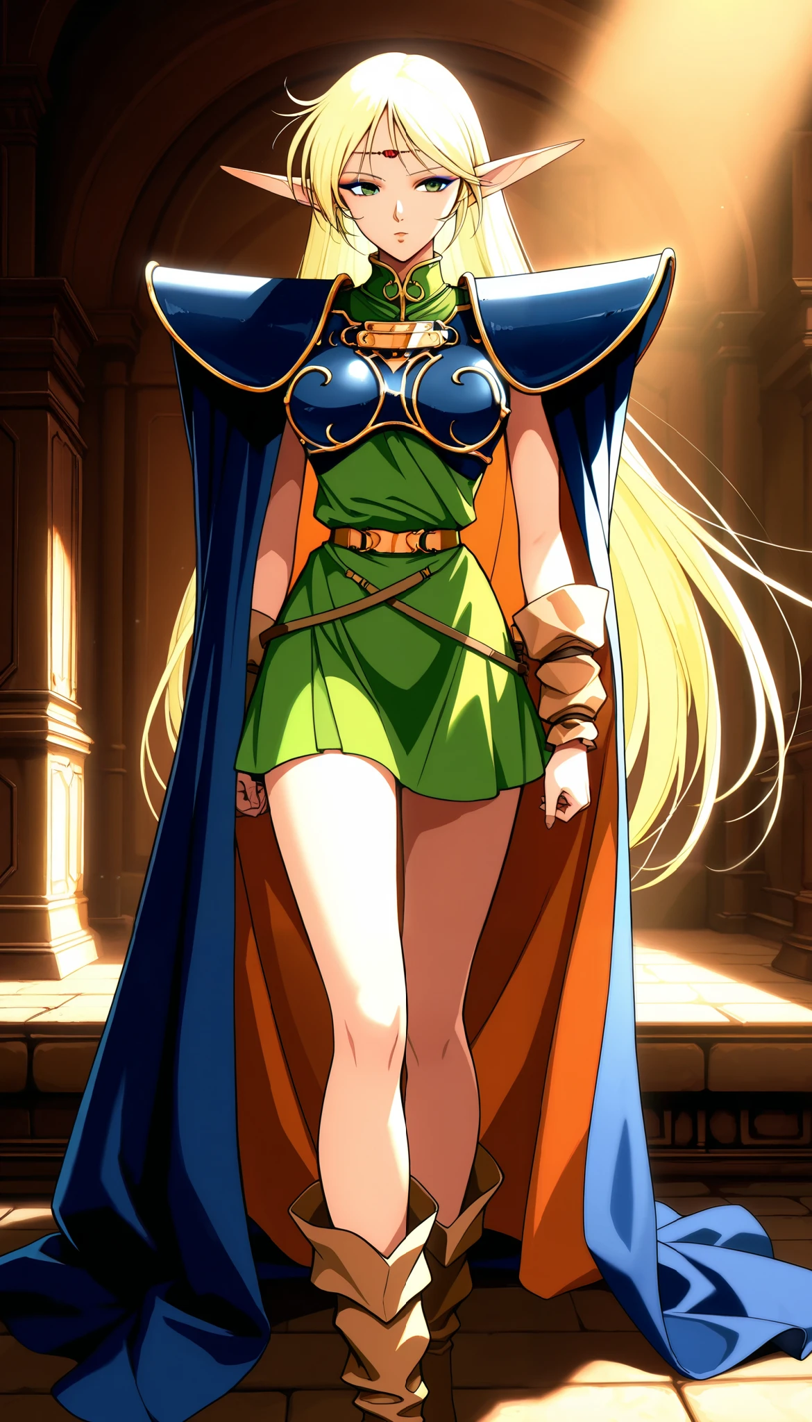 1 Female, deedlit \(Record of Lodoss War\), ((Blonde,  long hair)), green dress, circlet, sleeveless,shoulder armor,armor,breastplate,cloak,blue cloak,boots,  Eyeliner,  Upper Eye Care, Big Breasts,  Dramatic Lighting,  Dark Fantasy ,  indecent vibe,  bedroom background :2,  cinematic composition ,  anime style:1.2, Detailed CG illustration, 8k, masterpiece．