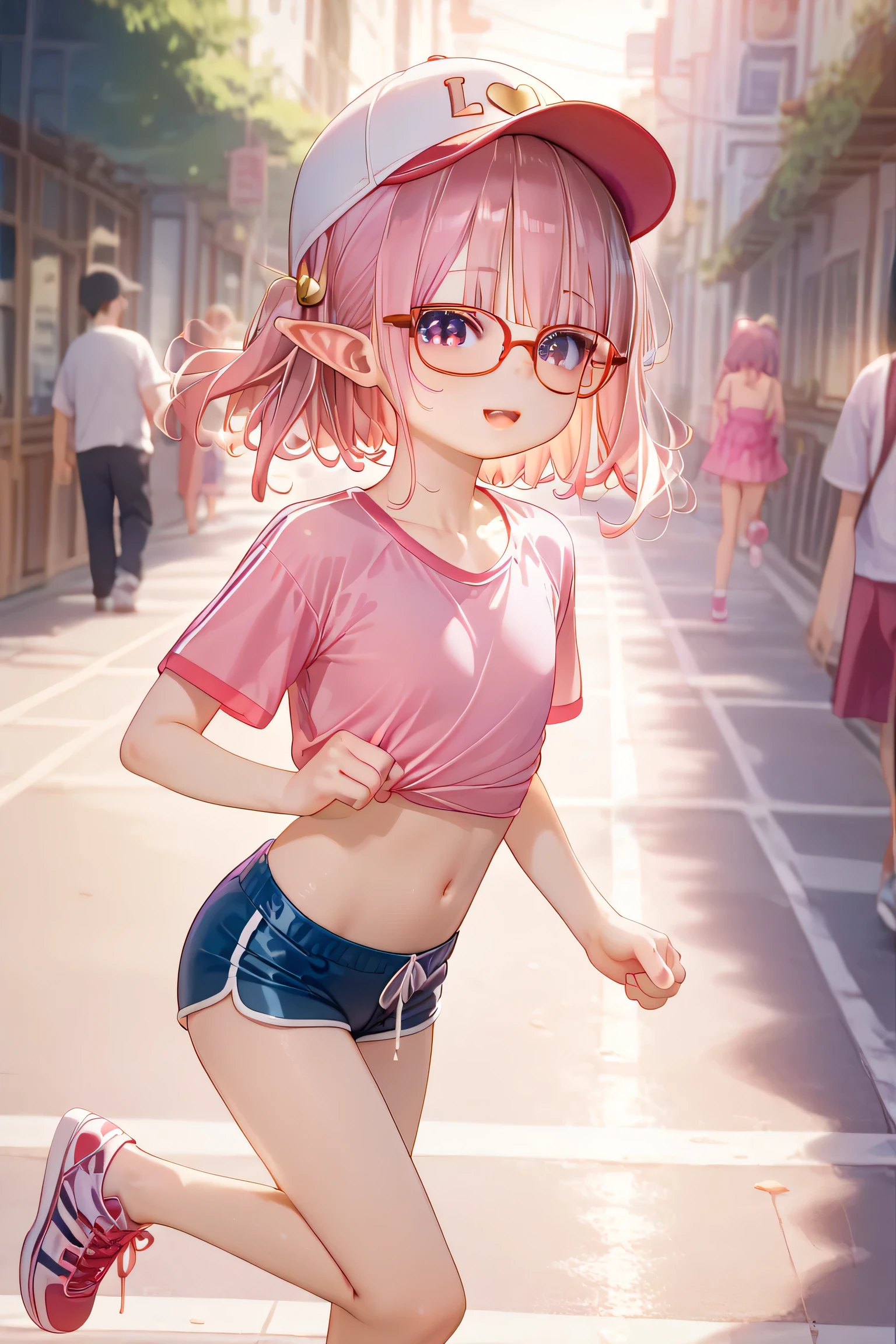 solo、 one womanの子、((( flat chest、4age、 slender body、、:1.8))) one woman ,((( cute女の子)))、(( red glasses))、Young Face、 cute、 short bob hair :1.2、 milky pink hair、 Magenta Eyes 、Elf Ears:0.6、(( t-shirts、 hotpants、 sneakers、 cap))( Running、jogging、run、 open your mouth、outside)
