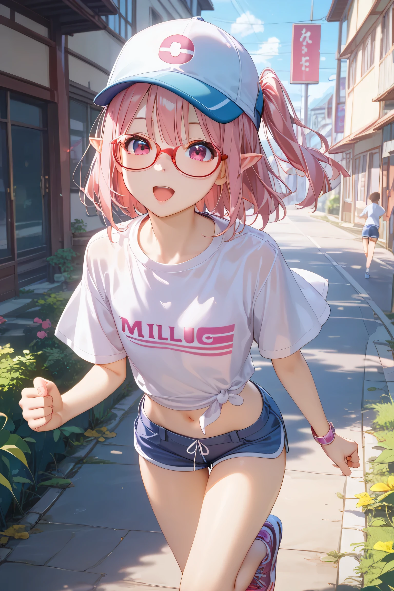 solo、One Womanの子、 、((( 8age、Flat Chest 。5 lifespan、Slim body、Lori:1.4))) One Woman ,((( cute女の子)))、(( red glasses))、Young face、 cute、 short bob hair :1.2、 milky pink hair、 magenta eye 、Elf Ears:0.6、(( T-shirt、 hotpants、 sneakers、 cap))( Running、jogging、run、 open your mouth、outside))