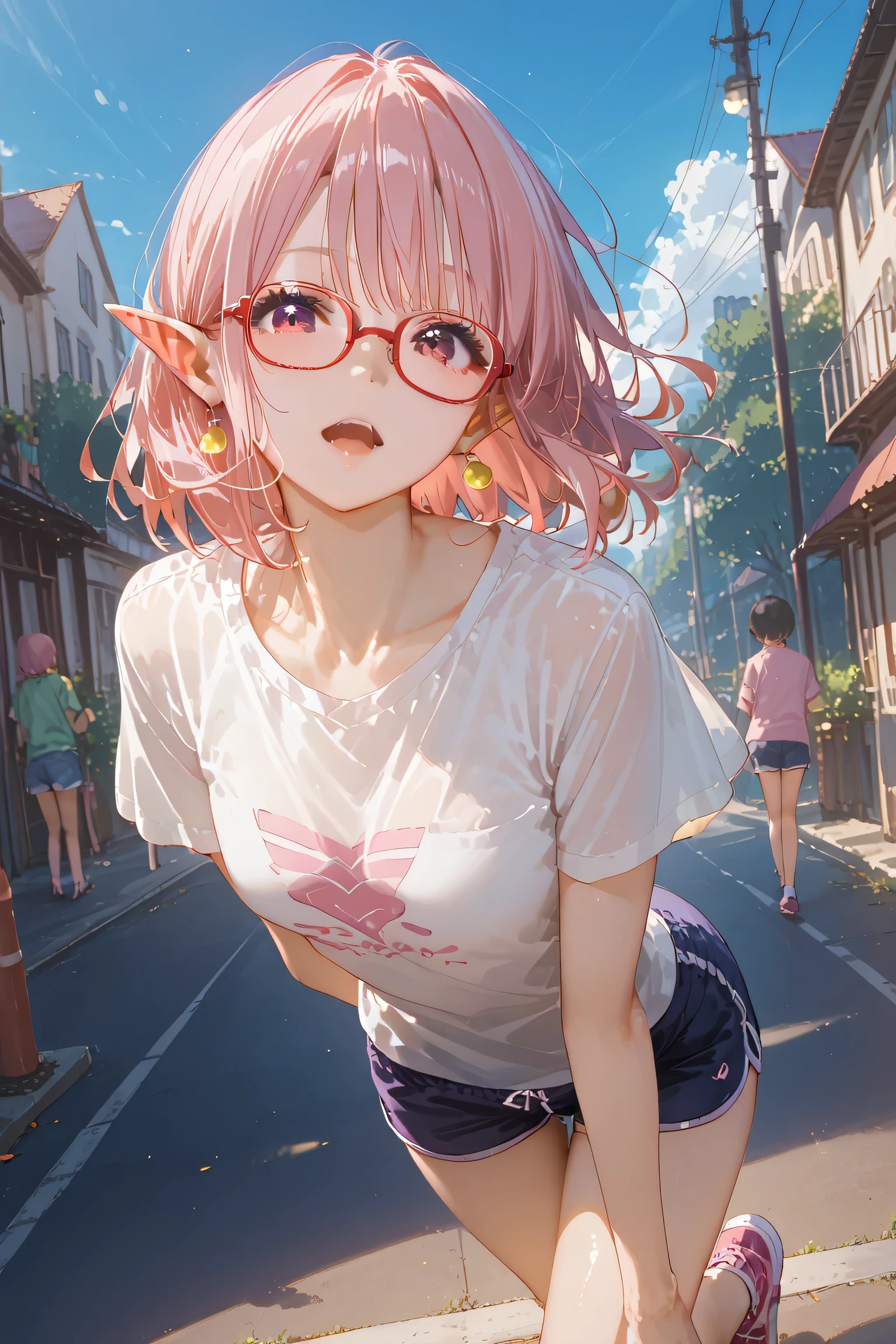 solo、 one girl,Junior high school students(((、 slightly flatter chest than normal during 3 live、Six-headed、Slim body))) one woman ,、(( red glasses)、Young Face、 cute、 short bob hair :1.2、 milky pink hair、 magenta eyes 、Elf Ears:、(( T-shirt、 hotpants、 sneakers、 cap))( Running、jogging、run、 open your mouth、outside))