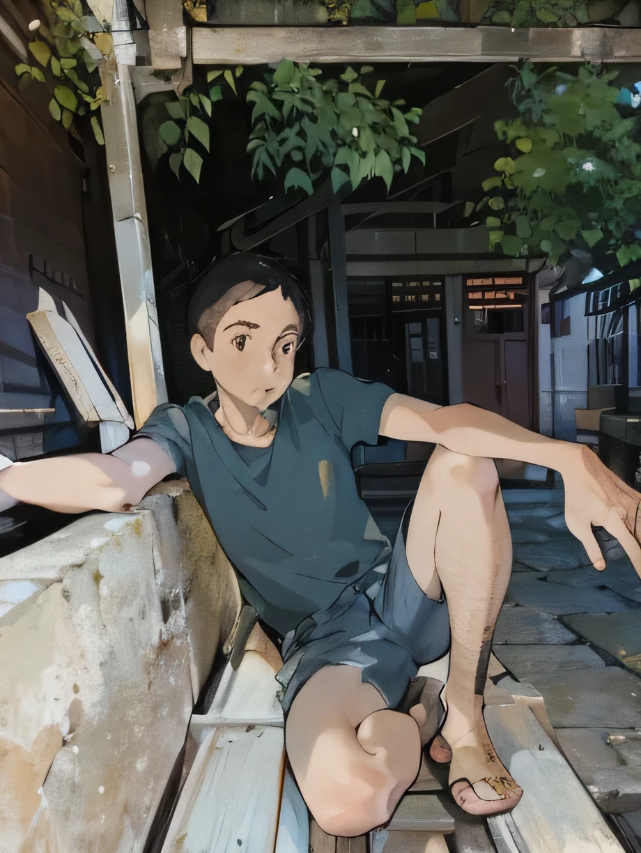 young man sitting, black shirt, short cargo pants, staring intently, sitting on a wooden chair, terraced house in the background, outdoors, facing forward, right hand extended forward, left hand holding the knee of the left leg, right leg sitting