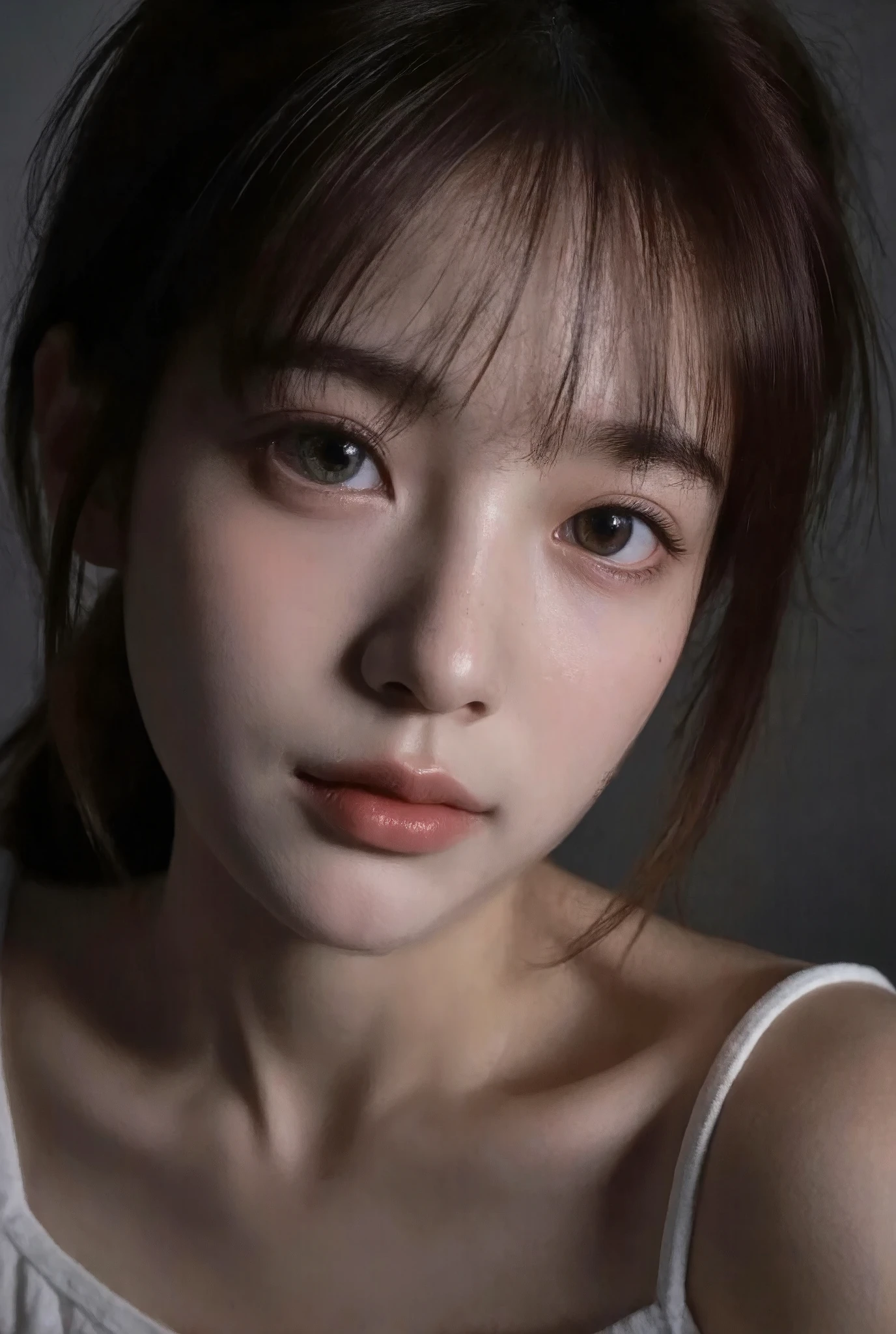 18 years old and .oh,Girls,(From above:1.1),From the side, Soft Lighting , high resolution ,Professional grade ,Original Photography, evocative composition,Film Lighting, gloomy lighting , The Perfect Eye ,Depth of Field,Virtual background , Eye Focus , angelic face ,