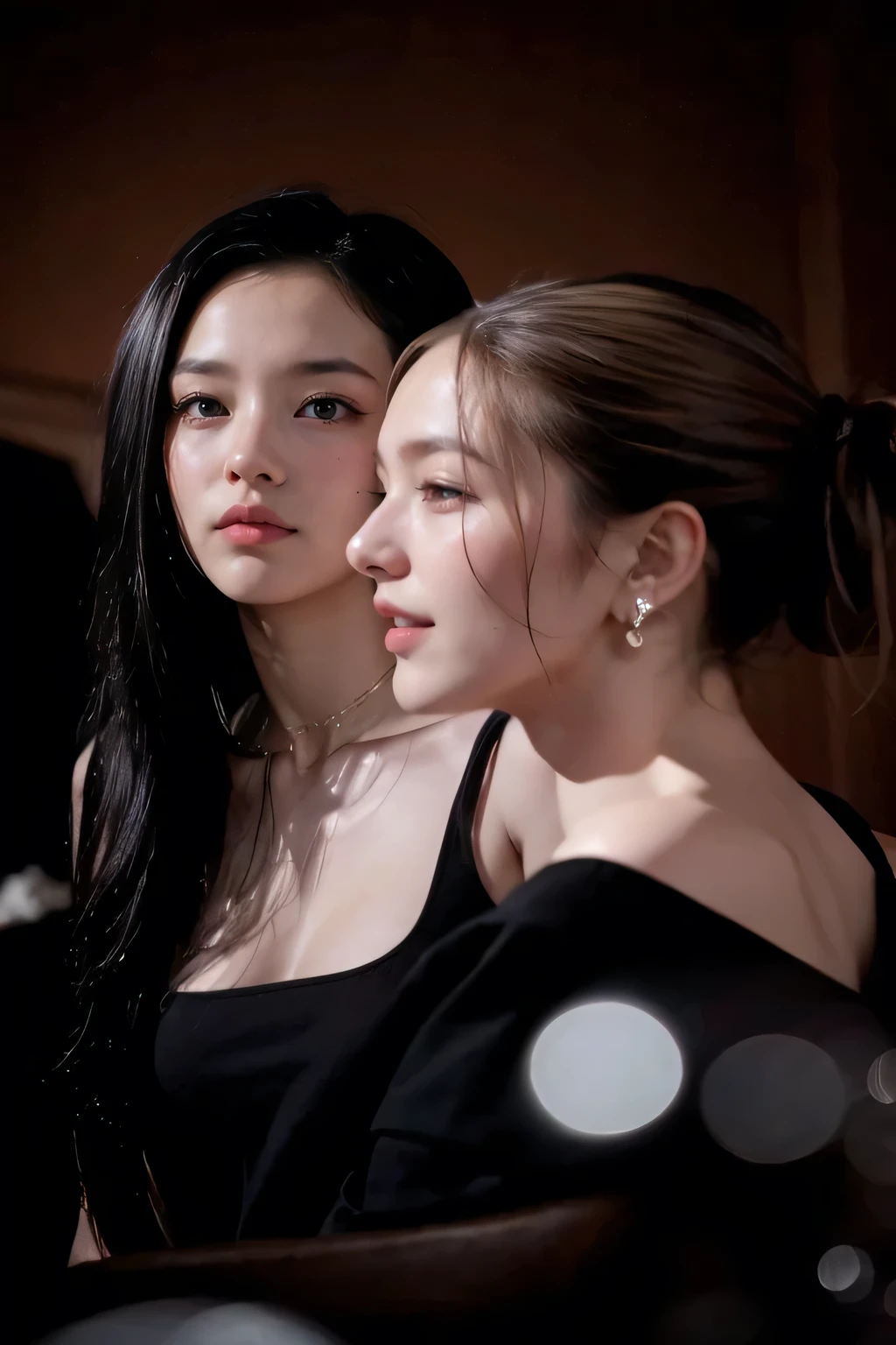 (kawaii:1),(nogizaka girl:1.3),(fair skin:1),(perfect body:1),(athlete:1),(nude:0),(curvy body:1),(model:1),(large breasts:1),(incoming kiss:1),(looking at viewer:1.3),(ultra high resolution:1.2),(best quality:1.2),(masterpiece:1.2),(realistic:1.2),(photo realistic:1.2),(professional lighting:1),(professional photo:1.1),(perfect anatomy:1),(sharp focus:1),(highly detailed:1.1),(intricate details:1),(ultra detailed:1),(RAW photo:1),(8k:1),(4k:1),(blurry background:1)
BREAK
(extremely detailed eyes and face and skin:1.3)
BREAK
They have a vibrant and energetic vibe. The women have different hair colors and styles, such as one with long blonde hair, another with a curly black bob, and a third with a shoulder-length red hairdo. They are wearing fashionable outfits, like a black leather jacket paired with ripped jeans, a colorful floral dress, and a trendy jumpsuit. They are all wearing high-heeled shoes and carrying small crossbody bags.
The scene is set in a bustling cityscape with tall buildings, neon lights, and a lively atmosphere. The streets are lined with cafs, shops, and nightclubs. The women are shown laughing and chatting, with some taking selfies or pointing out something exciting they've discovered. Their faces are lit up with joy and anticipation, reflecting their carefree spirits.
BREAK