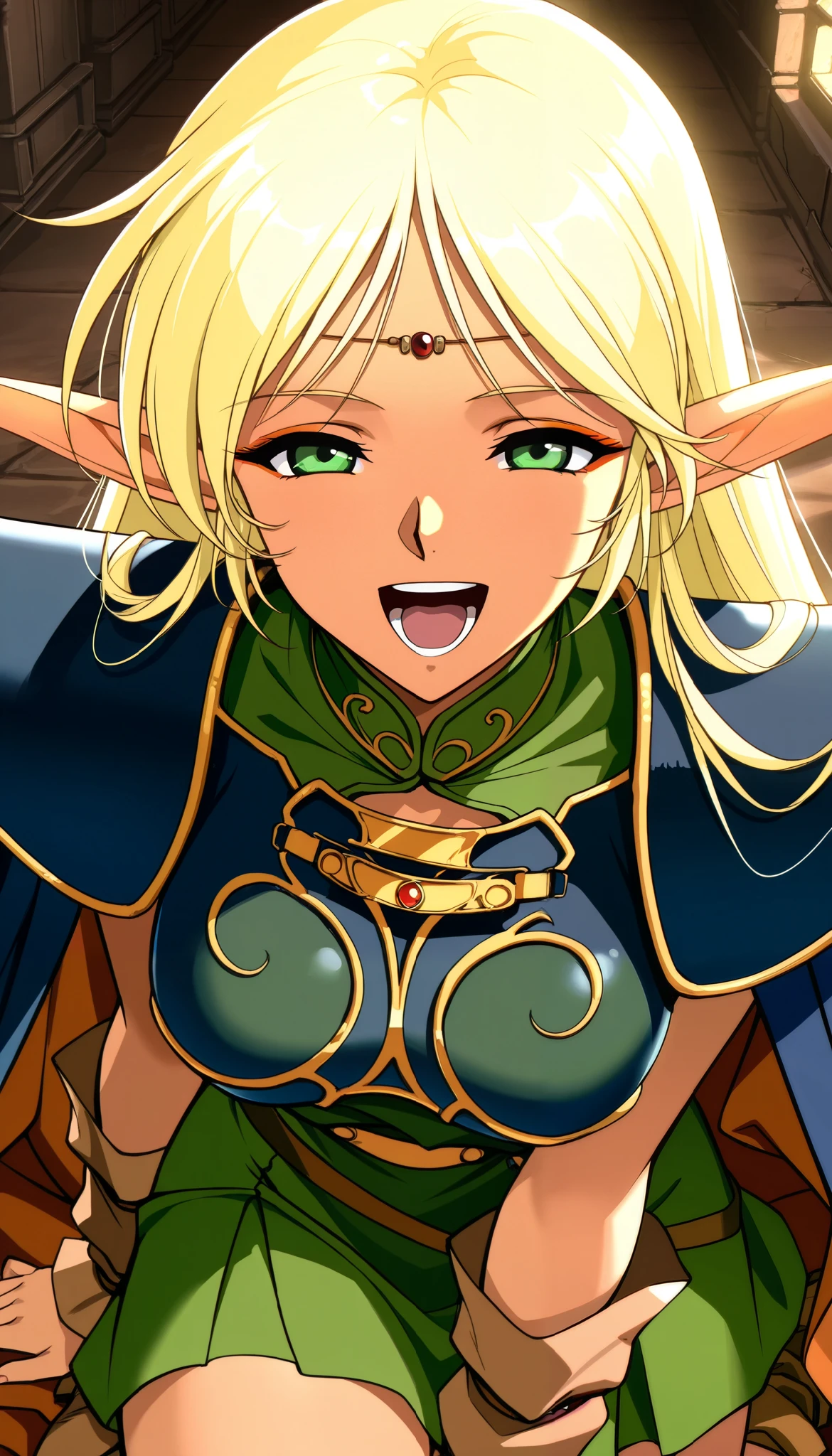 1 Female, deedlit \(Record of Lodoss War\), ((Blonde,  long hair)), green dress, circlet, sleeveless,shoulder armor,armor,breastplate,cloak,blue cloak,boots,  Eyeliner, ((smile,  open your mouth)),  Face Closeup:1.4, Big Breasts,  Dramatic Lighting,  Dark Fantasy ,  indecent vibe,  bedroom background :2,  cinematic composition ,  anime style:1.2, Detailed CG illustration, 8k, masterpiece．