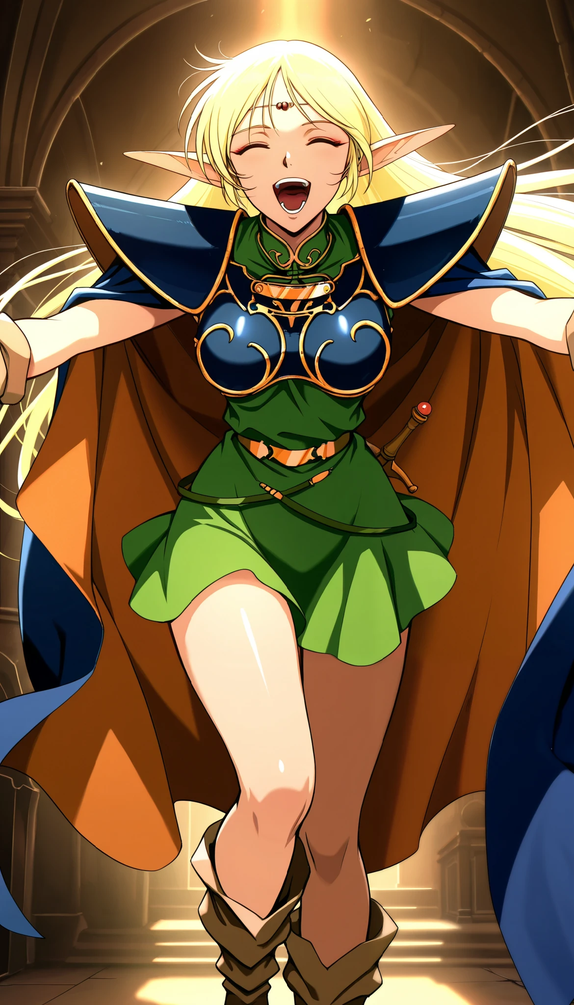 1 Female, deedlit \(Record of Lodoss War\), ((Blonde,  long hair)), green dress, circlet, sleeveless,shoulder armor,armor,breastplate,cloak,blue cloak,boots,  Eyeliner, ((smile,  open your mouth)),  Face Closeup:1.4, Big Breasts,  Dramatic Lighting,  Dark Fantasy ,  indecent vibe,  bedroom background :2,  cinematic composition ,  anime style:1.2, Detailed CG illustration, 8k, masterpiece．