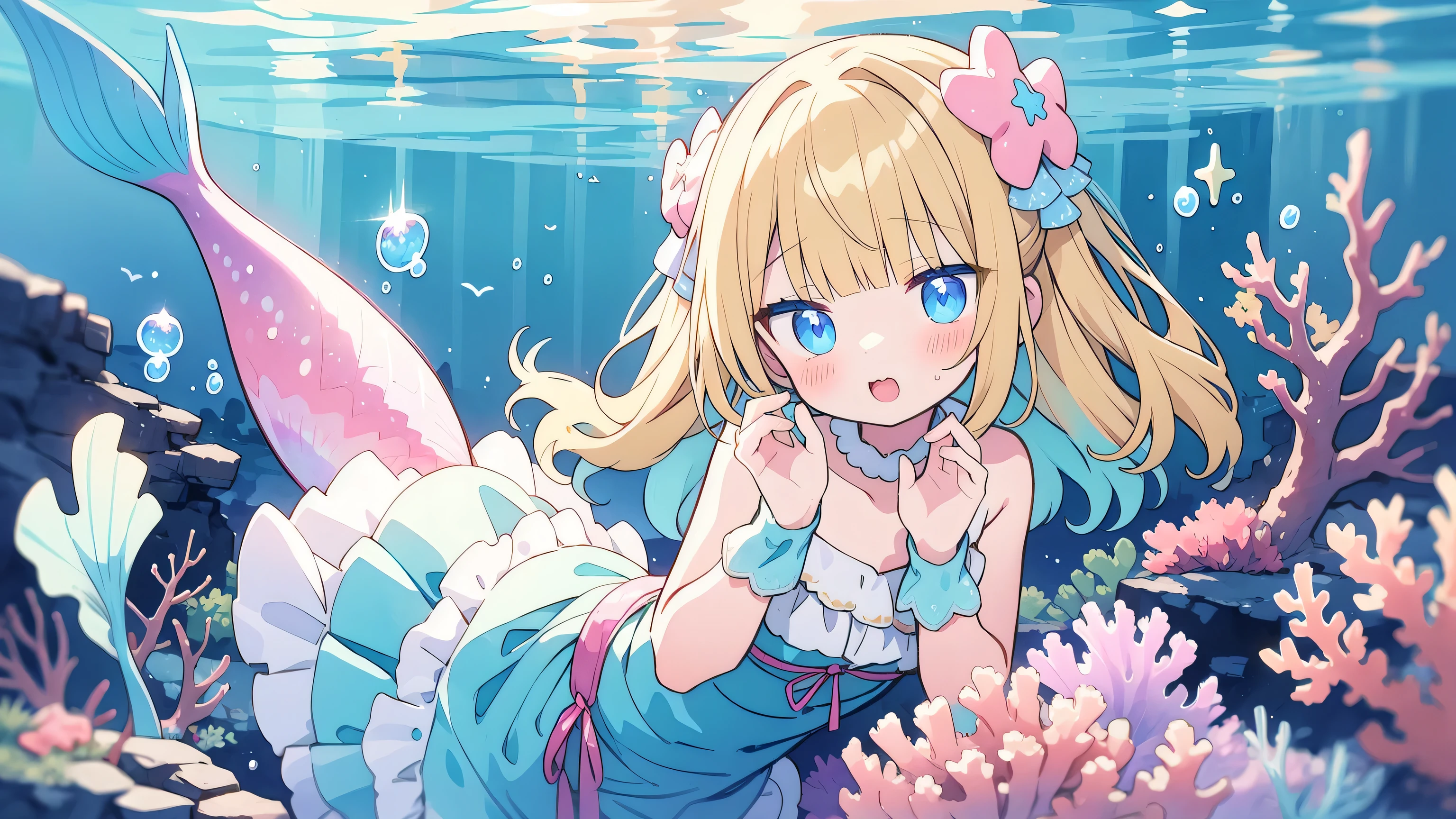 Masterpiece, best quality, (mermaid), solo, blonde hair, cute dress, long tail, (underwater city), underwater, fantasy, ethereal, cute, cute pose, watercolor, floating hair, seashells, coral reef, seaweed, sparkling, glowing, pearlescent, deep-sea, peaceful, blue tones, soft lighting, graceful, beauty, translucent, marine life, depths of the ocean, dreamlike, serenity, swimming, delicate, sea creatures, shimmering, endless sea, pure.