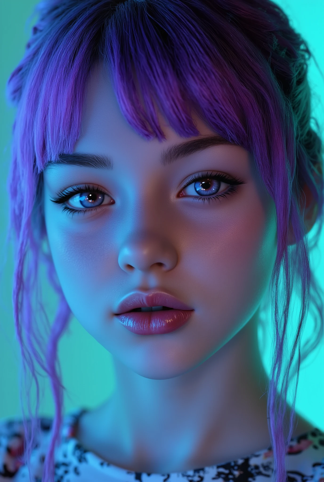 highdefinition images、Pro Work 、Artistic、's greatest masterpiece、( realistic 、Realistic)、 Draw realistically accurately with detailed details 、 Detailed texture :1.2)、( Beautiful in complete darkness 17--old l、Purple hair 、青い地球に照らされている美しい facial hair 、Small chin、 has big eyes、 Feeling slightly apart between eyes 、(Blue Eyes、 Blue Earth reflected in big eyes )、Beautiful Nose、Thick and glossy lips、( facial hair {x} pores express the texture of the skin in detail)、(( facial hair 、Face sticking out )):1.5)
