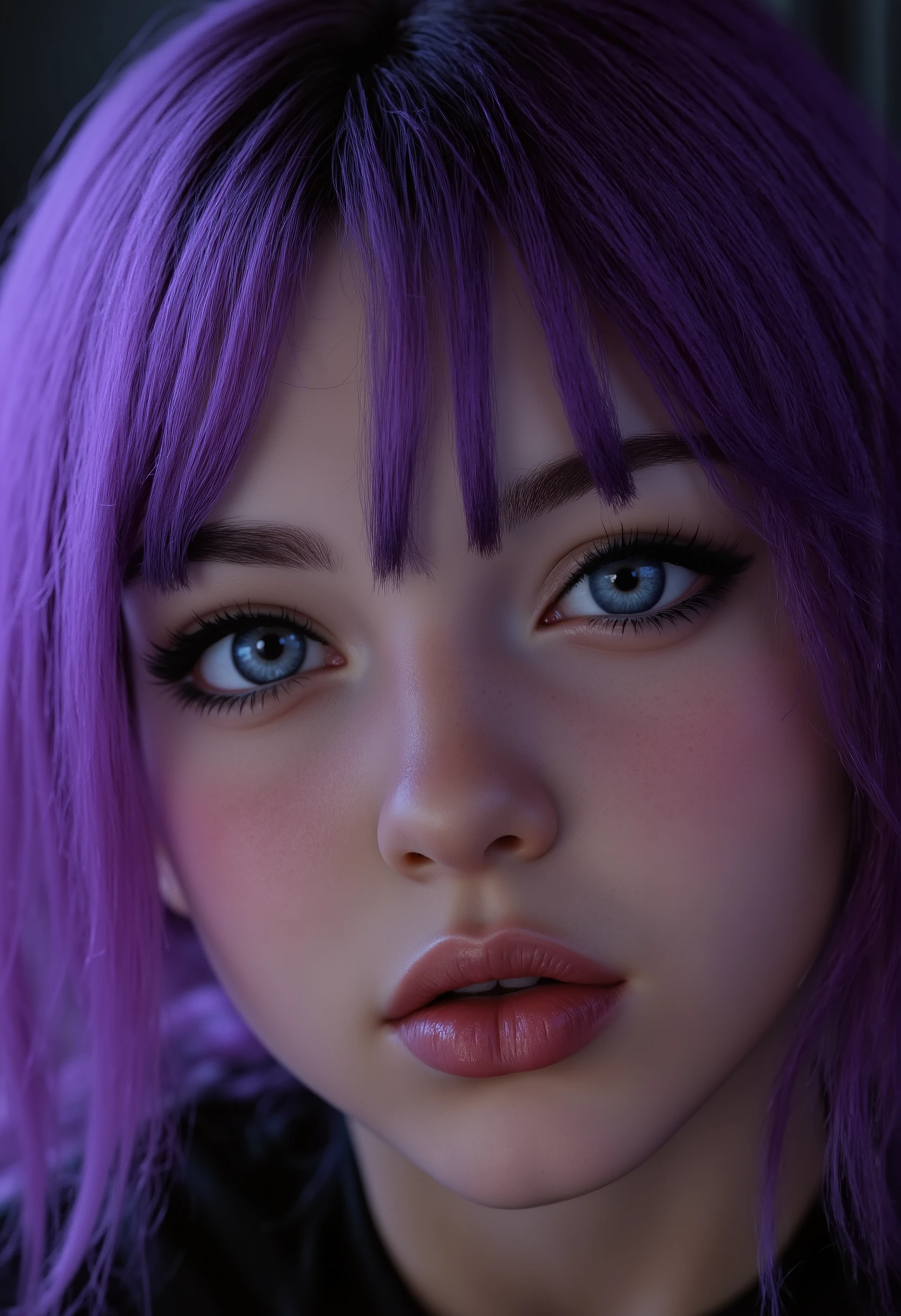  highdefinition images、Pro Work 、Artistic、's greatest masterpiece、（ realistic 、Realistic）、 Draw realistically accurately with detailed details 、 Detailed texture :1.2）、（ Beautiful in complete darkness １7-year-old girl、Purple hair 、青い地球に照らされている美しい facial hair 、Small chin、 has big eyes、 Feeling slightly apart between eyes 、（Blue Eyes、 Blue Earth reflected in big eyes ）、Beautiful Nose、Thick and glossy lips、（ facial hair {x} pores express the texture of the skin in detail）、(( facial hair 、Face sticking out )):1.5）