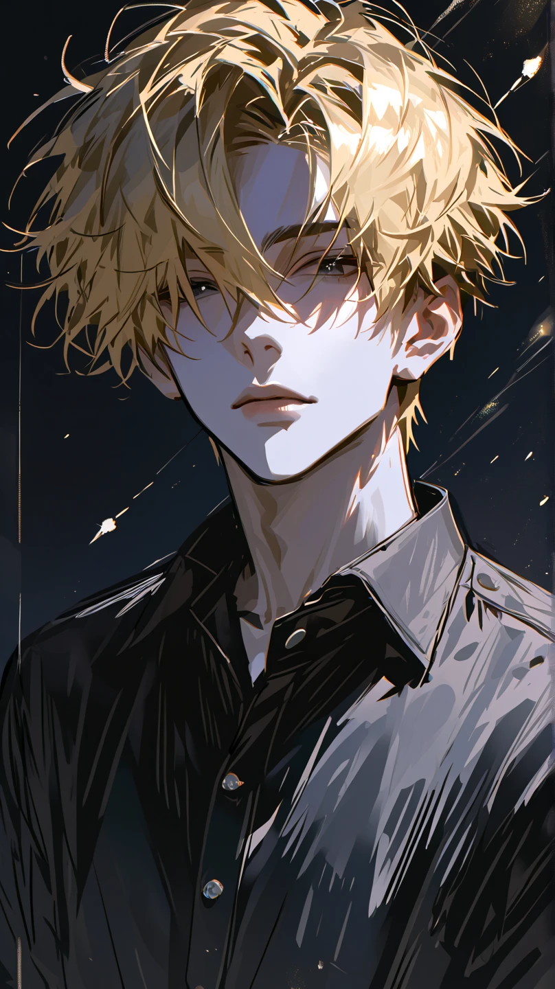 impasto, short hair, masterpiece, best quality, 1 man , blonde hair , perfect face , black eye , handsome male , Alone, pale skin , adult male , upper body , delicate line drawing, front view , Extremely detailed , black background , sketch , stylish clothes , meteor