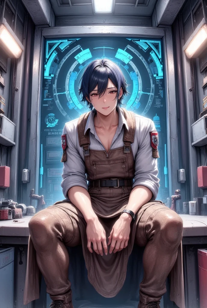 Ridiculous Resolutions,  High Resolution , (Masterpiece: 1.4),  more details, Young man's disheveled short dark hair , Welders dressing up, Factory High Tech Workbench,  tech sense screen  