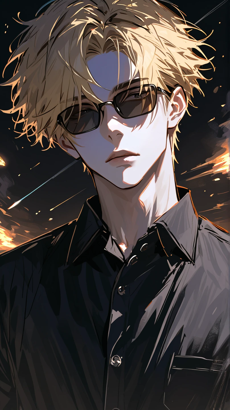 impasto, short hair, masterpiece, best quality, 1 man , blonde hair , perfect face , black eye , handsome male , Alone, pale skin , adult male , upper body , delicate line drawing, front view , Extremely detailed , black background , sketch , stylish clothes , meteor , black sunglasses