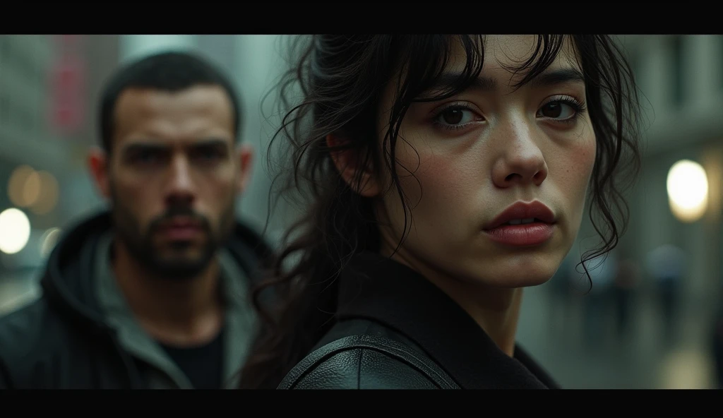 a beautiful angry woman and a man with a blurred background, cinematic, ultra realistic