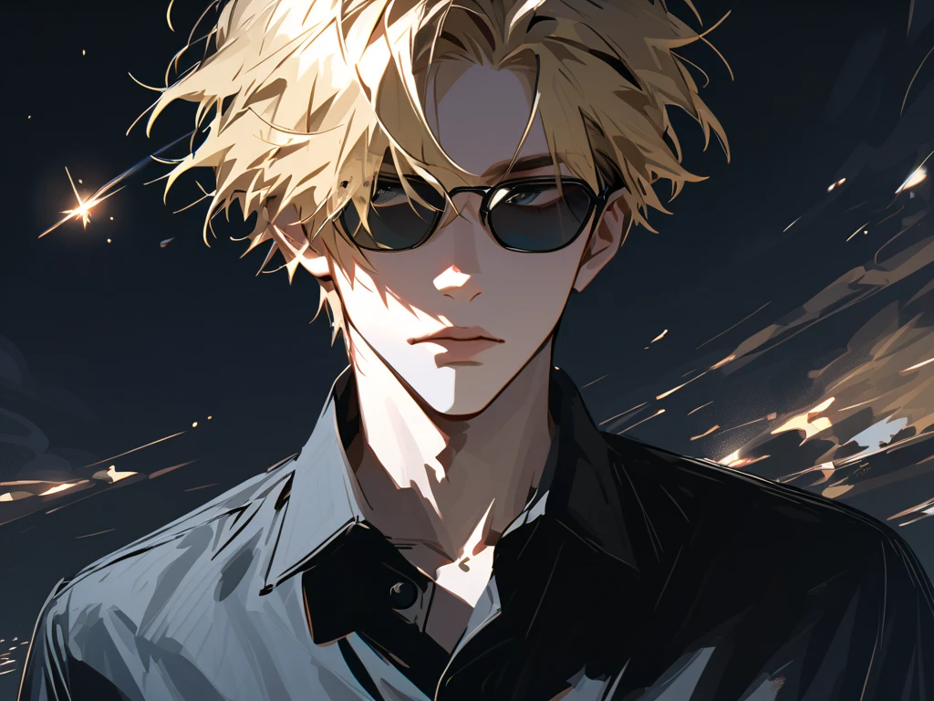 impasto, short hair, masterpiece, best quality, 1 man , blonde hair , perfect face , black eye , handsome male , Alone, pale skin , adult male , upper body , delicate line drawing, front view , Extremely detailed , black background , sketch , stylish clothes , meteor , black sunglasses