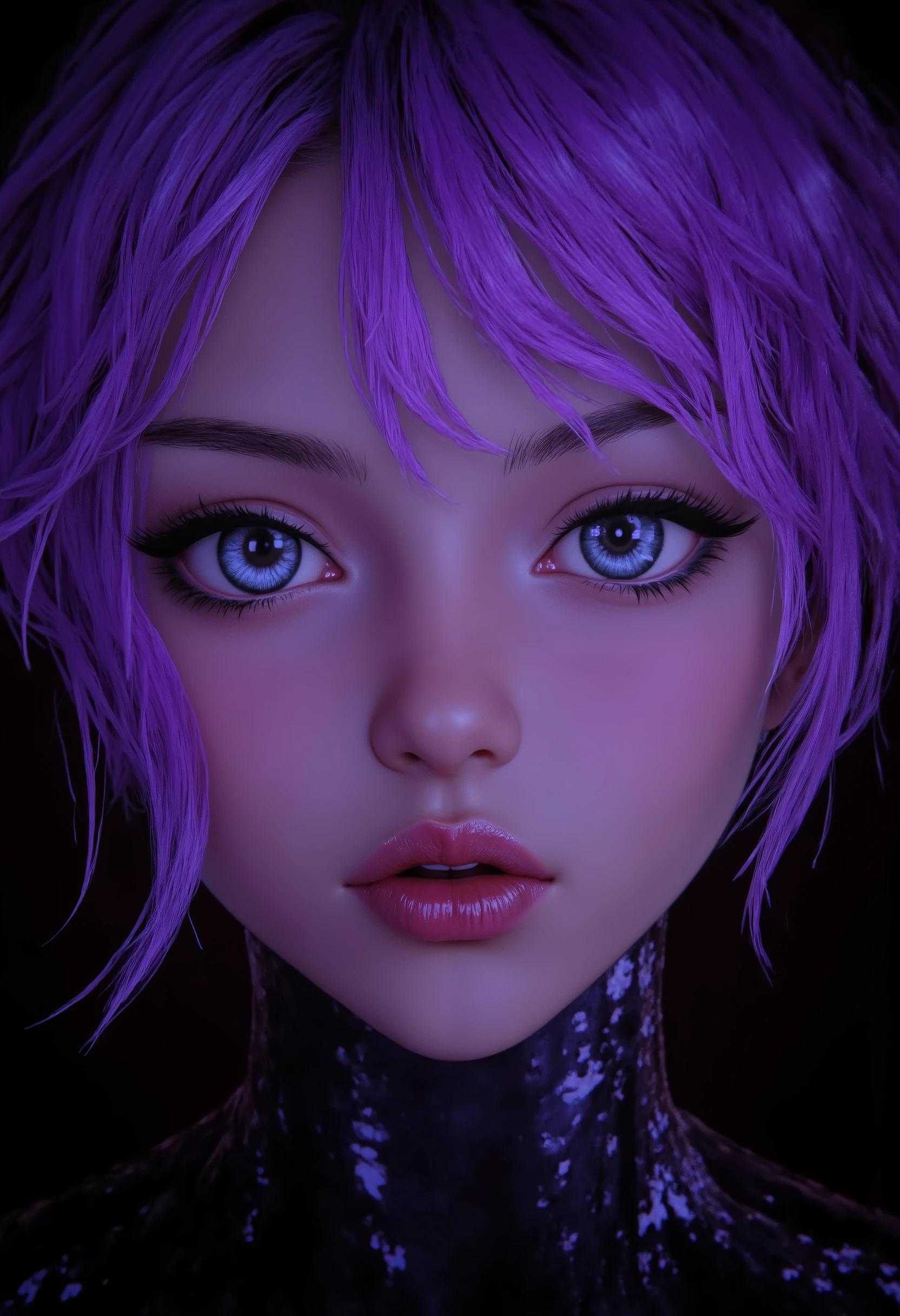  highdefinition images、Pro Work 、Artistic、's greatest masterpiece、（ realistic 、Realistic）、 Draw realistically accurately with detailed details 、 Detailed texture :1.2）、（ Beautiful in complete darkness １7--old l、Purple hair 、青い地球に照らされている美しい facial hair 、Small chin、 has big eyes、 Feeling slightly apart between eyes 、（Blue Eyes、 Blue Earth reflected in big eyes ）、Beautiful Nose、Thick and glossy lips、（ facial hair {x} pores express the texture of the skin in detail）、(( facial hair 、Face sticking out )):1.5）