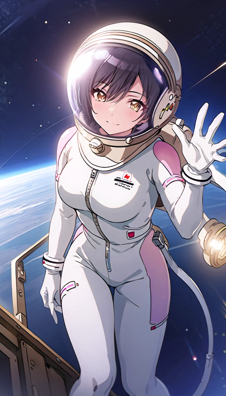 (spacesuit:1.15), white cargo pants, astronaut)bubble helmet, space helmet, white gloves, smiling, waving, looking close at the audience, bend over, outer space, floating, alone, masterpiece, best quality, 1girl, beautiful, image from below, solo, ShiraseSakuya, black hair, bangs, yellow eyes, large breasts
