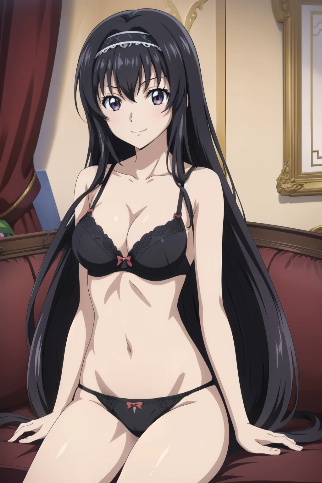 1 Girl、Black Hair、black eye、Embarrassed、Shy、Long Hair、、High resolution、masterpiece、High resolution、highest quality、Super huge 、Anime Moe Art Style、Cowboy Shot、、Plush panties、lingerie、stomach、bra