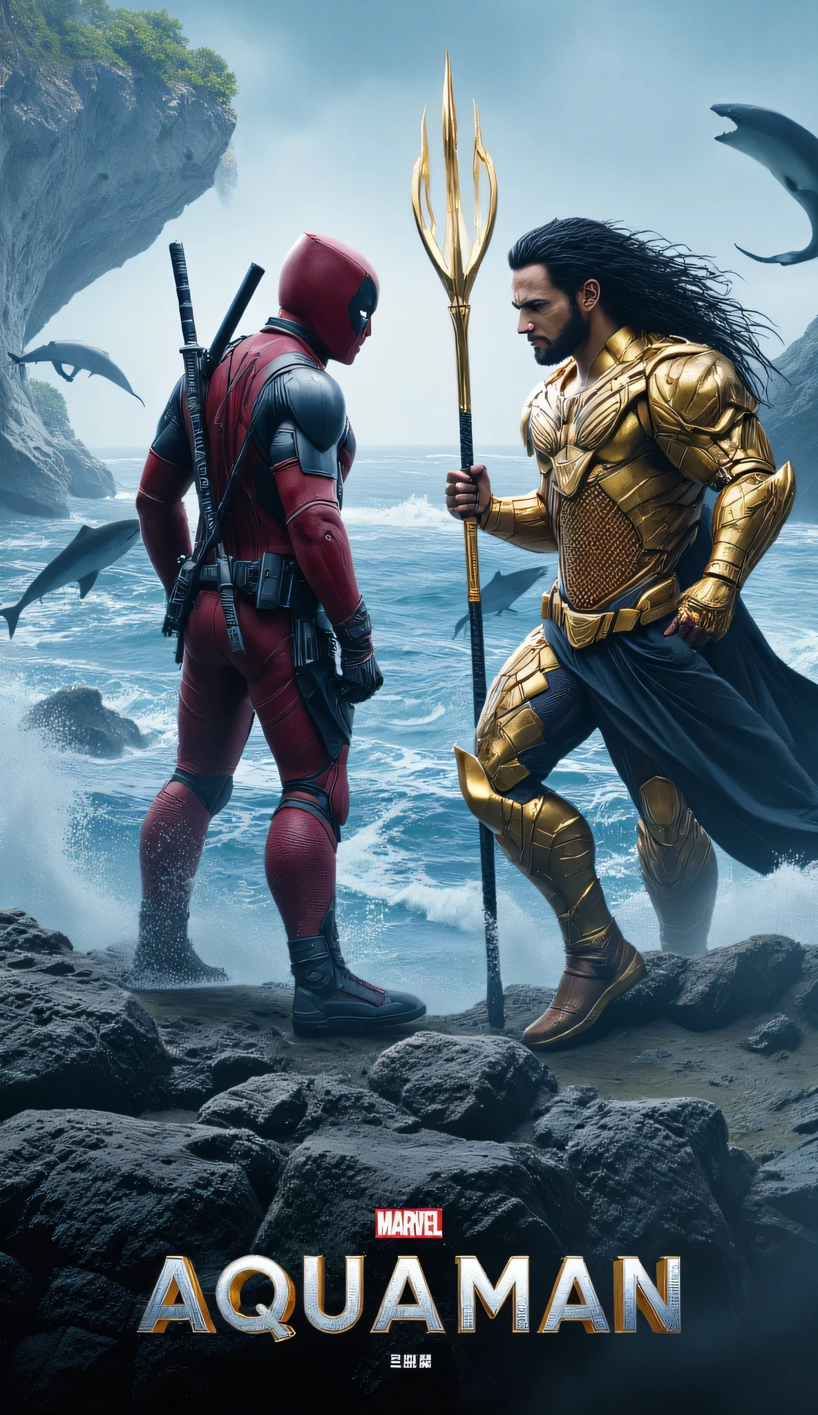 A cinematic depiction of Deadpool and Aquaman standing tall and facing each other on a rocky ocean cliff. Deadpool is wearing his iconic red and black suit, with katanas strapped to his back, exuding his trademark mischievous confidence. Aquaman stands powerfully opposite him, holding a glowing trident, his golden scaled armor reflecting the light, and his long hair flowing in the wind. The background features turbulent ocean waves crashing against jagged rocks, with sea creatures such as sharks and dolphins swimming nearby, seemingly under Aquaman's command. The scene emphasizes hyper-realistic textures, capturing every detail from the wet and reflective suits to the spray of the waves and the glowing aura of the trident.