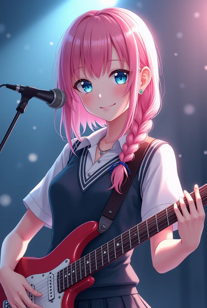 (ultra-detailliert), high-school uniform、Blue eyes,The upper part of the body、a closeup、faces、(A smile:1.5),(facing front:1.2),(masutepiece:1.3, Best Quality, Photorealistic, Ultra-detailed, Finely detailed, High resolution, 8K Wallpaper), 1 beautiful girl, Band Group Vocals,  Singing a song on an electric guitar, Stand Microphone, Mouth open, Beautiful face, Detailed face, Beautiful eyes, Detailed eyes, Looks fun、Smiling, earrings, Necklace, Detailed guitar, (Straight guitar neck and 6 strings), Only 1 person,Pink Hair Medium Hair, (Pink hair), Ear Hair, small , Single braid, (Single braid), (Side braid),on a stage, Spotlight, Look at the viewer、small 
