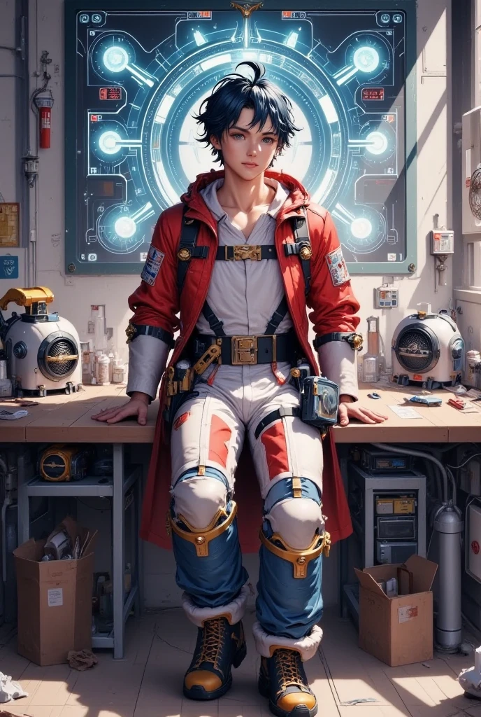 Ridiculous Resolutions,  High Resolution , (Masterpiece: 1.4),  more details, Young man's disheveled short dark hair , Welders dressing up, Factory High Tech Workbench,  tech sense screen  