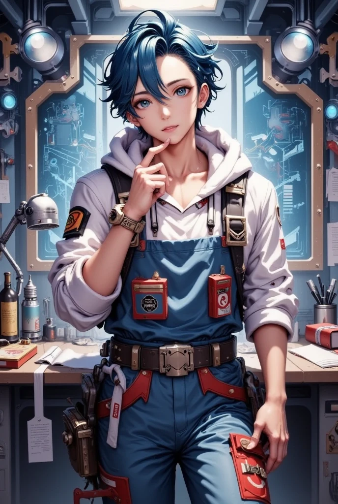 Ridiculous Resolutions,  High Resolution , (Masterpiece: 1.4),  more details, Young man's disheveled short dark hair , Welders dressing up, Factory High Tech Workbench,  tech sense screen  