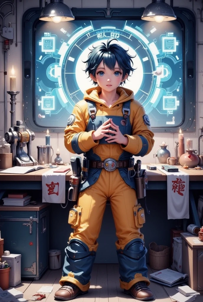 Ridiculous Resolutions,  High Resolution , (Masterpiece: 1.4),  more details, Young man's disheveled short dark hair , Welders dressing up, Factory High Tech Workbench,  tech sense screen  